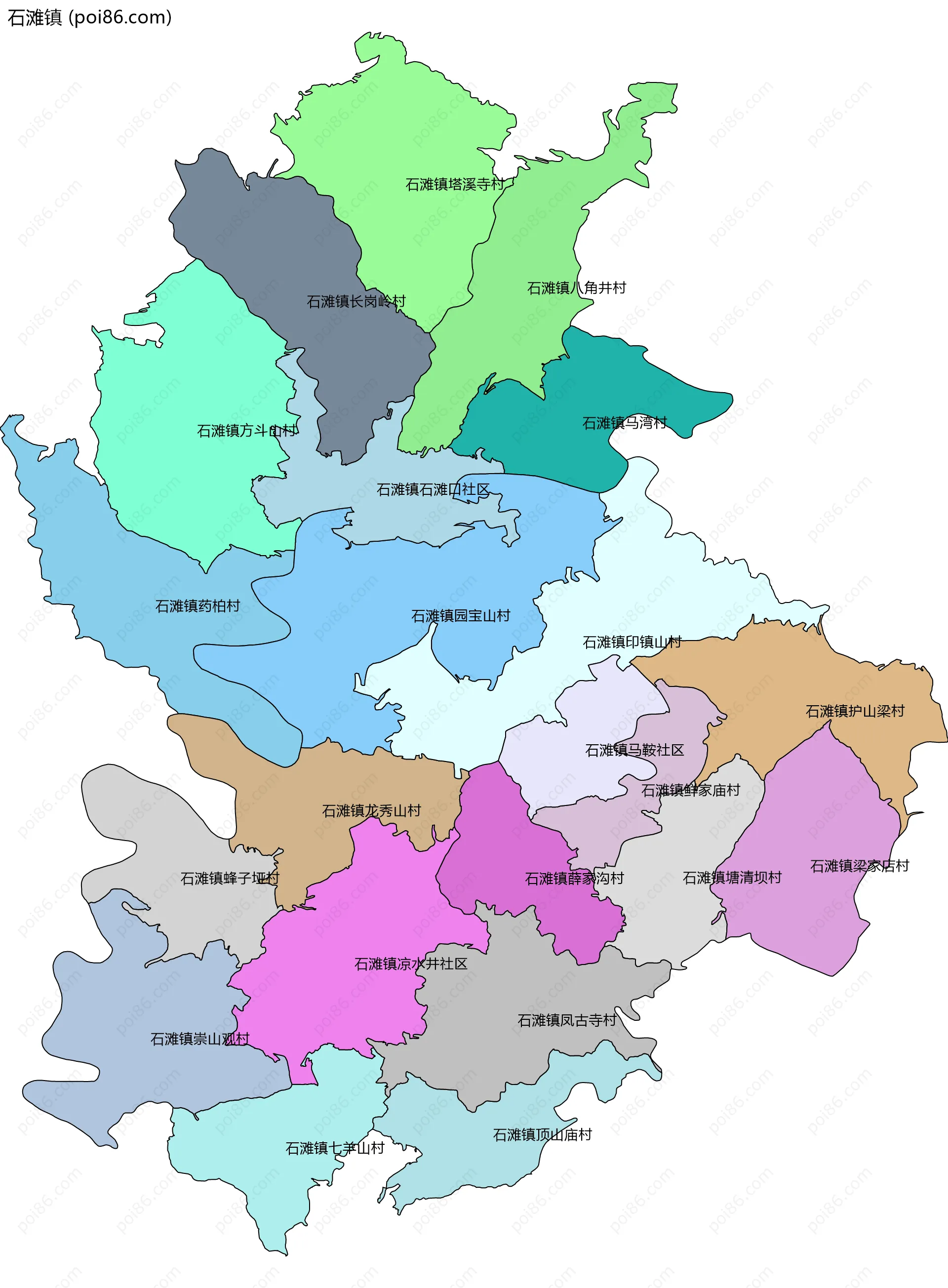 石滩镇边界地图(五级行政区划)