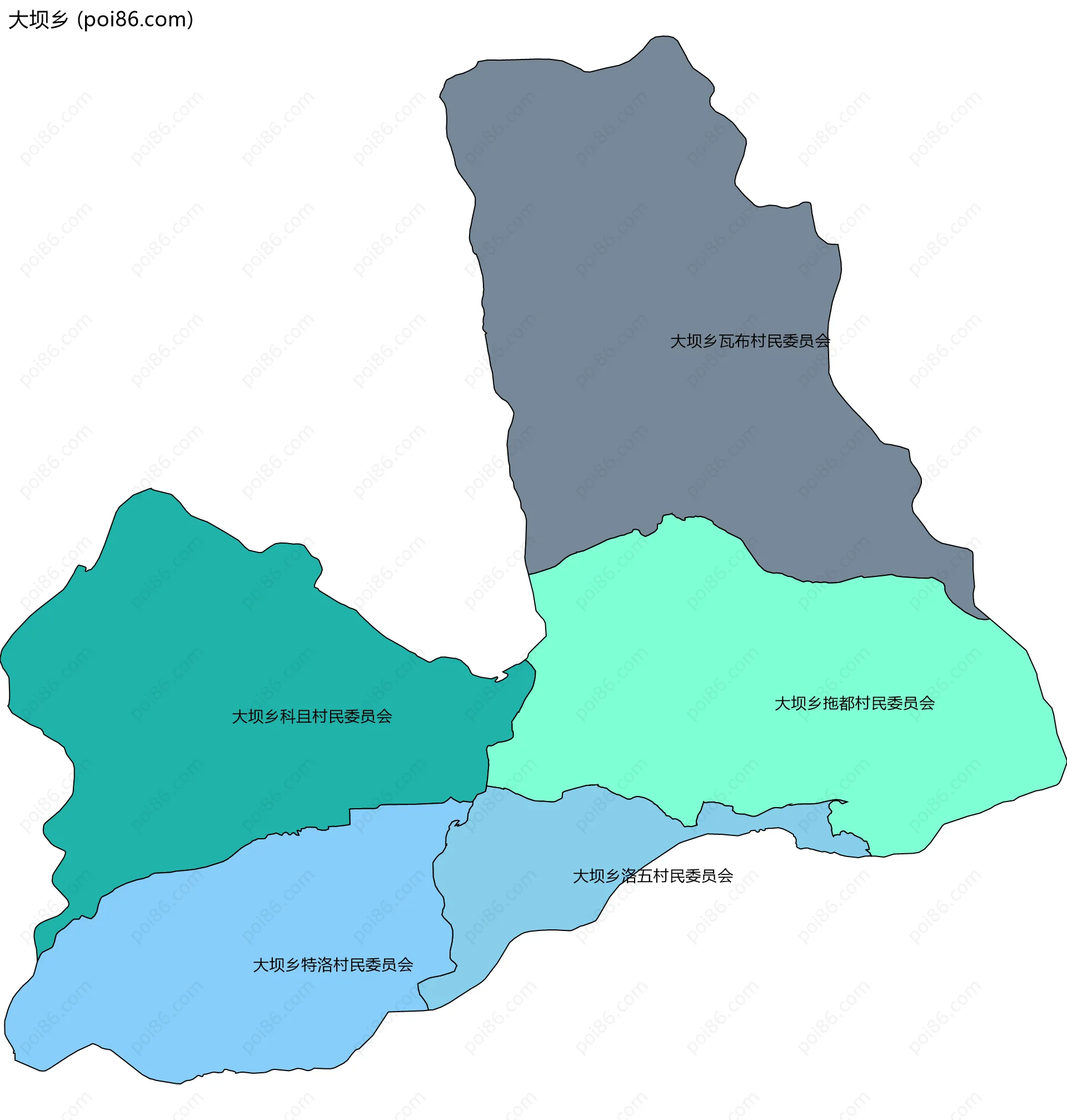 大坝乡边界地图(五级行政区划)