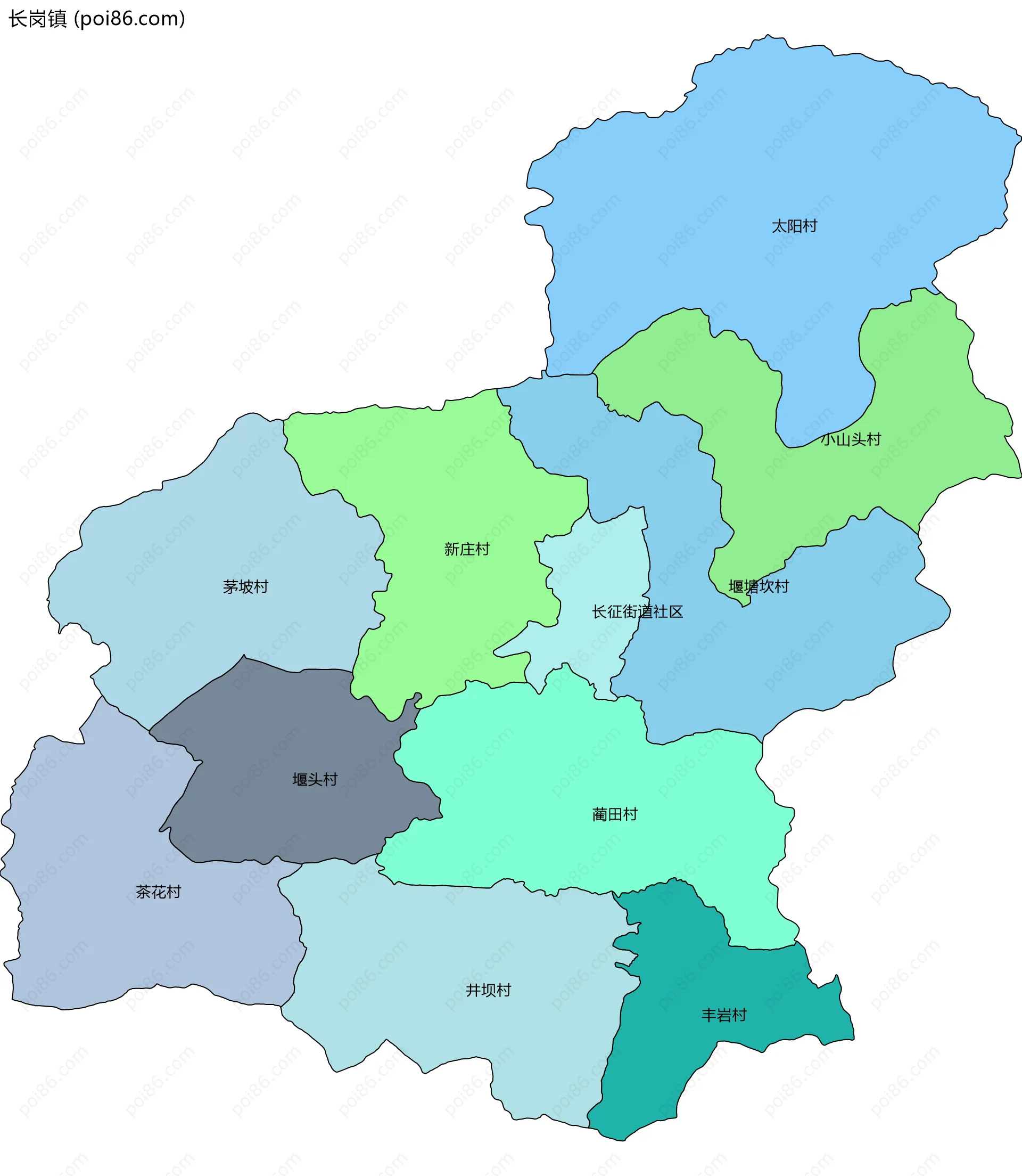 长岗镇边界地图(五级行政区划)