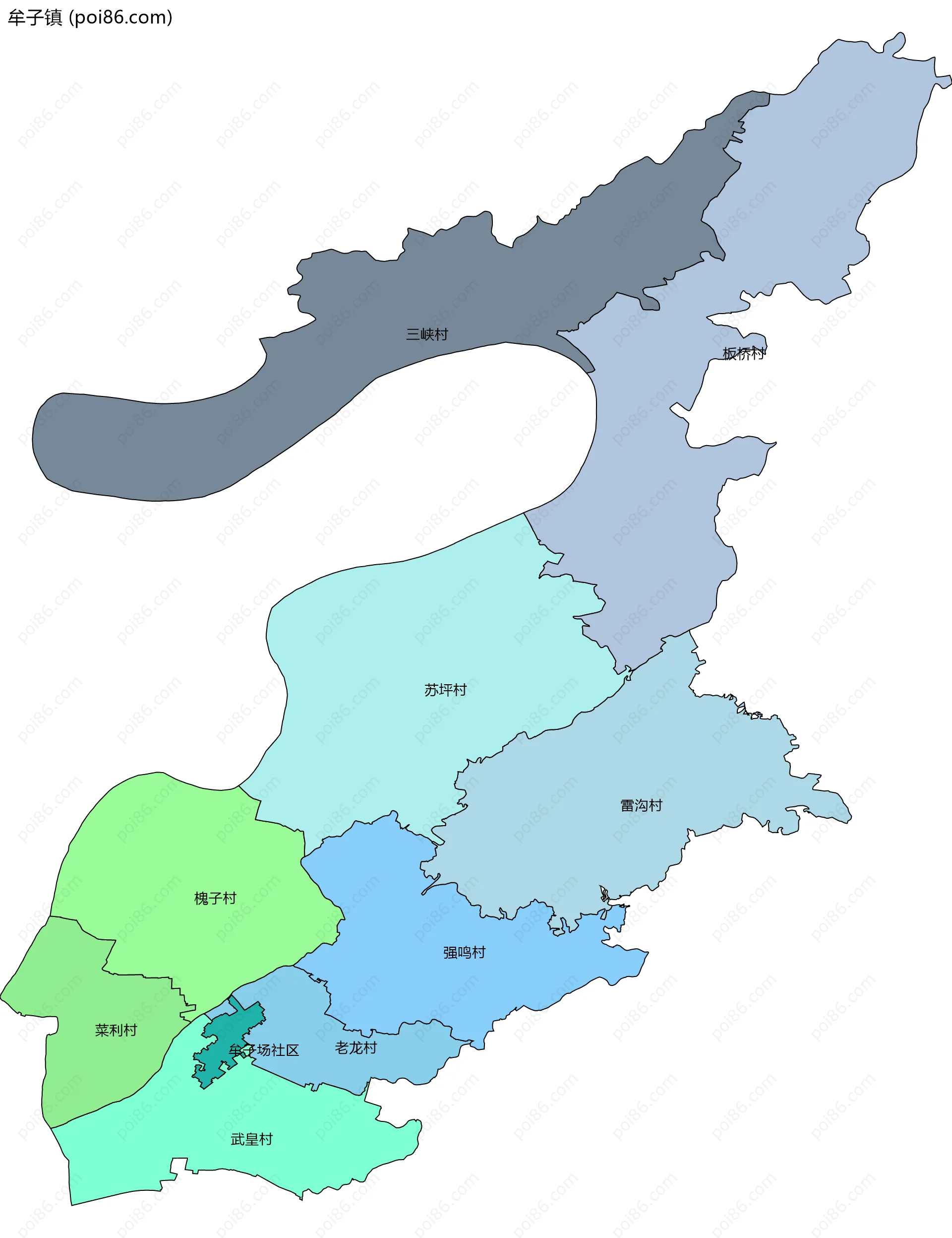 牟子镇边界地图(五级行政区划)