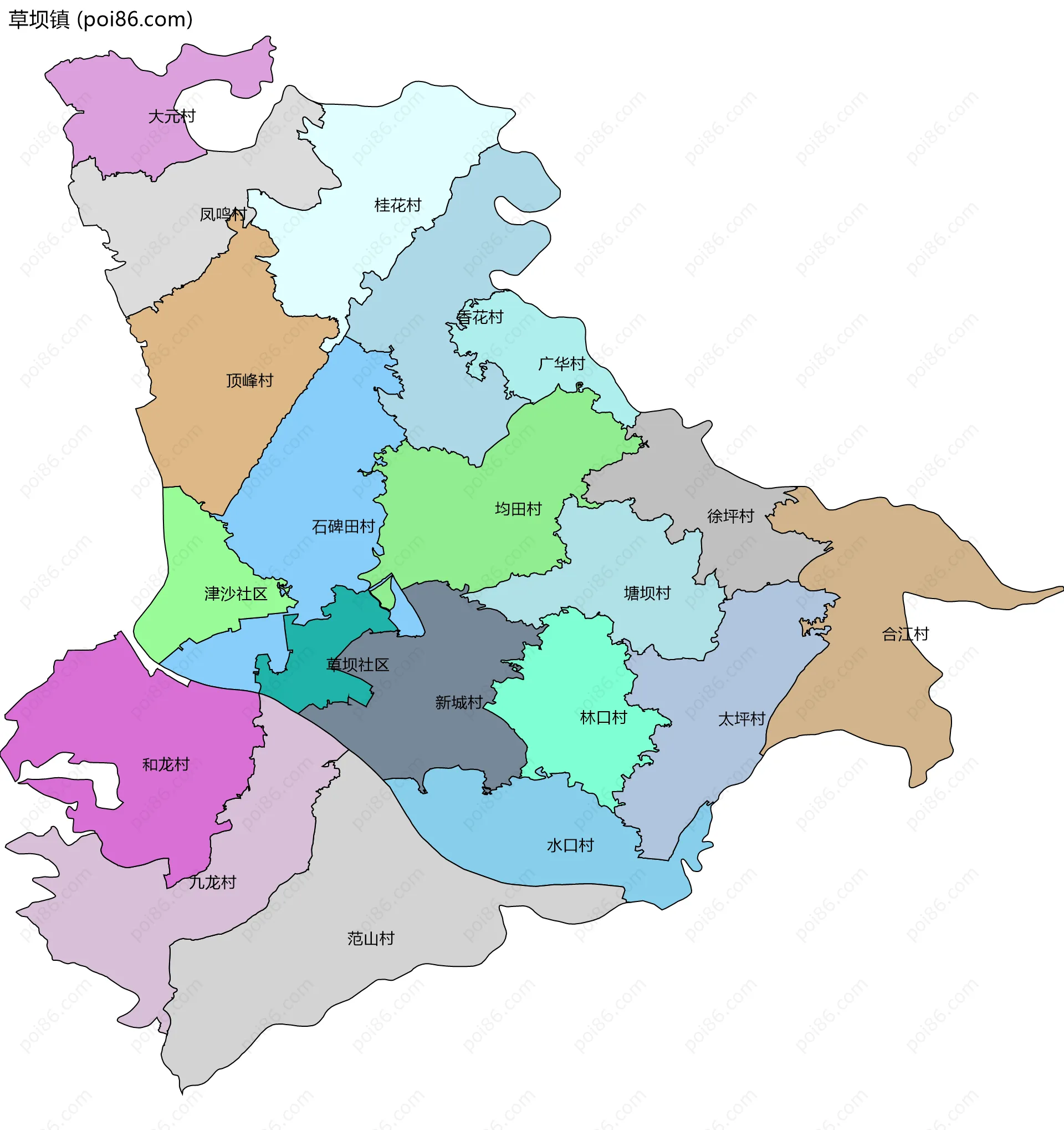 草坝镇边界地图(五级行政区划)