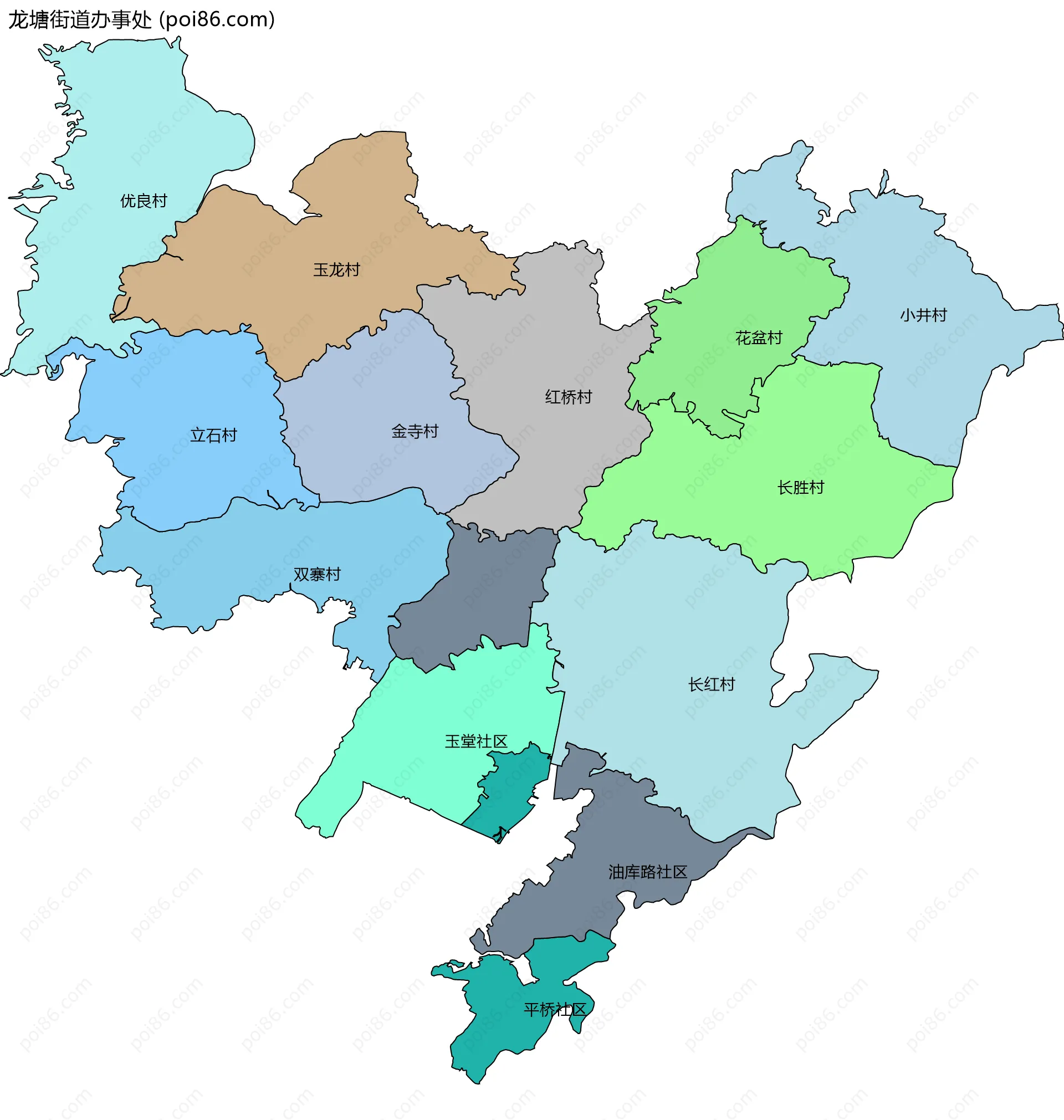 龙塘街道办事处边界地图(五级行政区划)