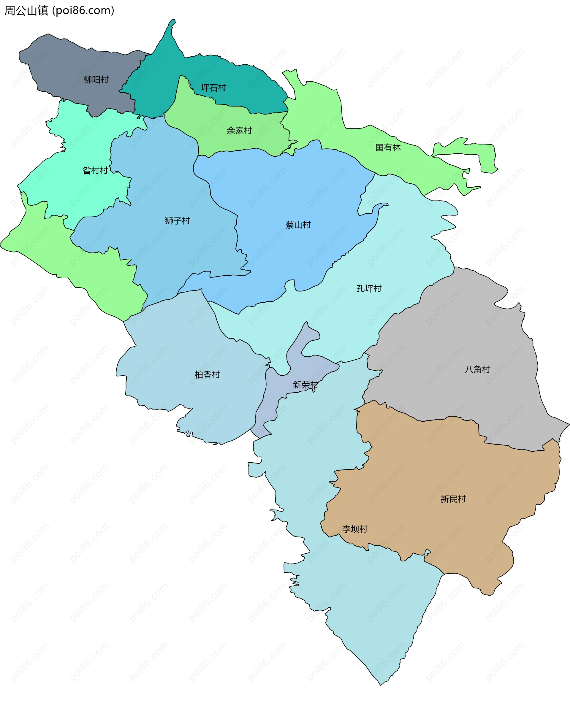 周公山镇边界地图(五级行政区划)