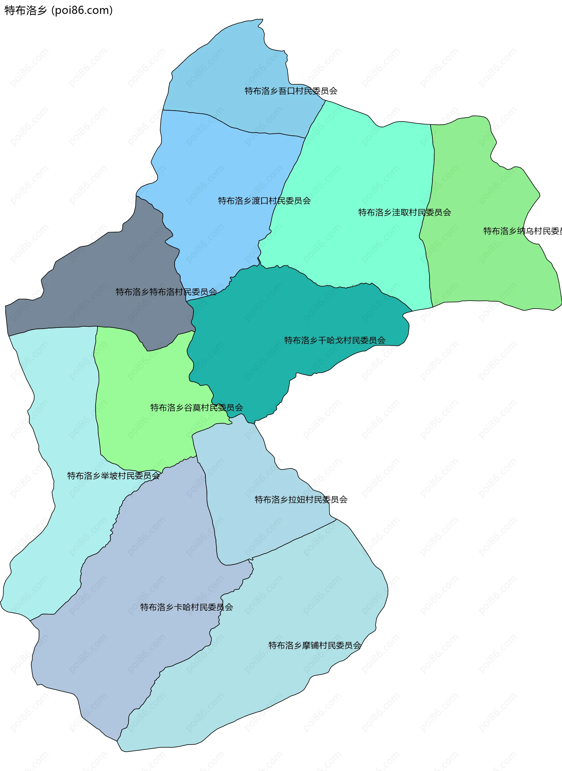 特布洛乡边界地图(五级行政区划)