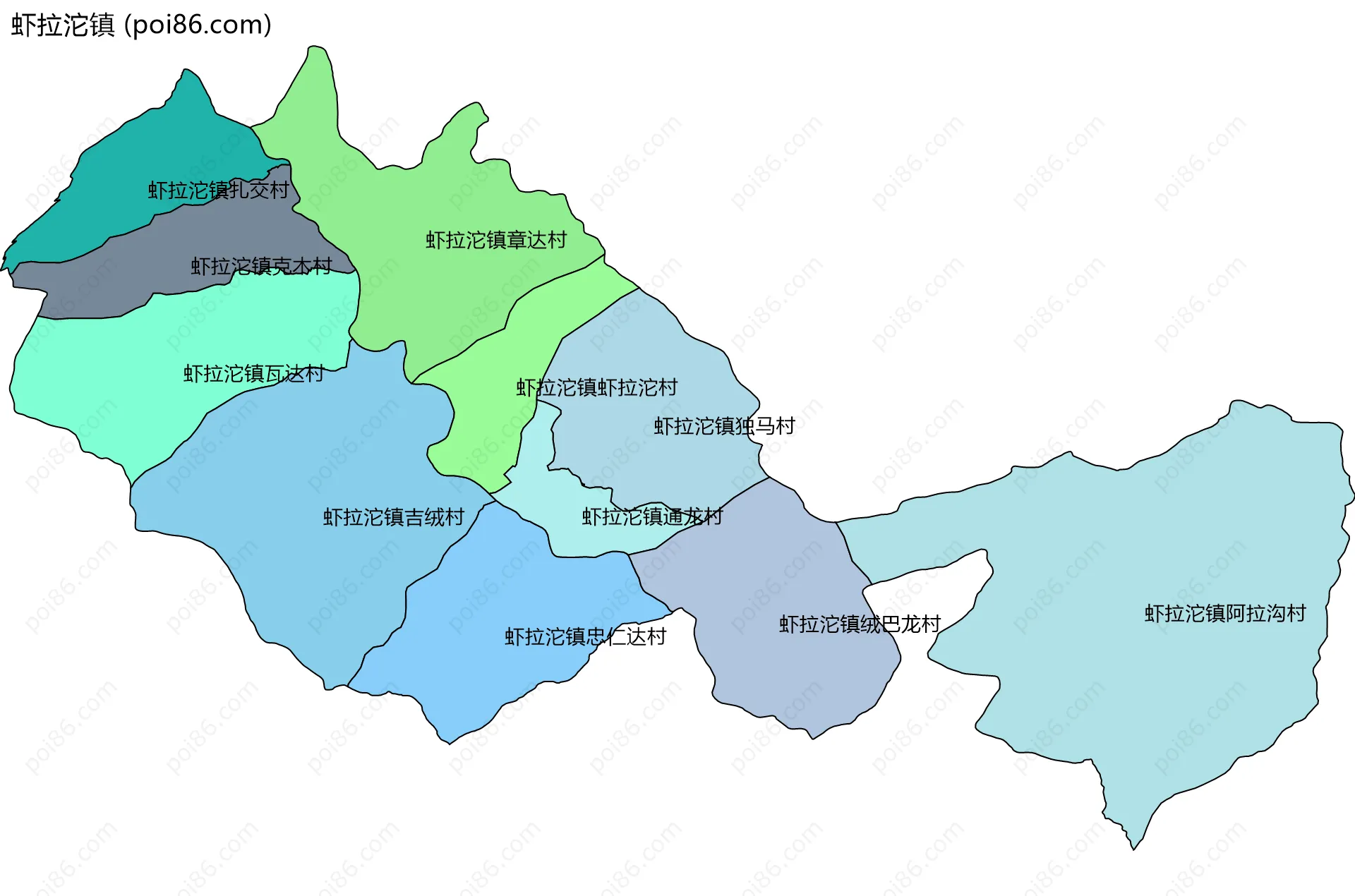 虾拉沱镇边界地图(五级行政区划)