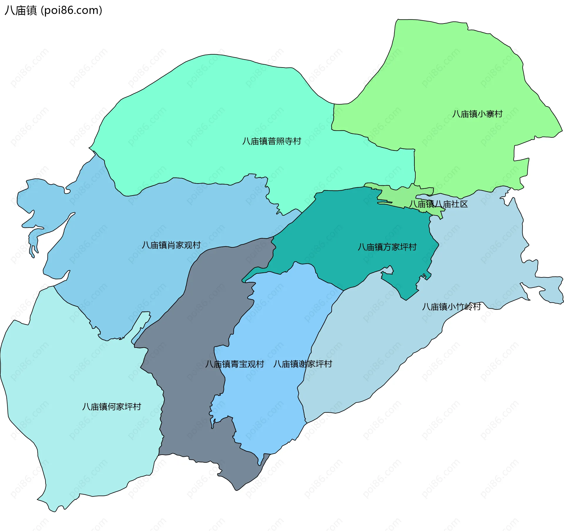 八庙镇边界地图(五级行政区划)