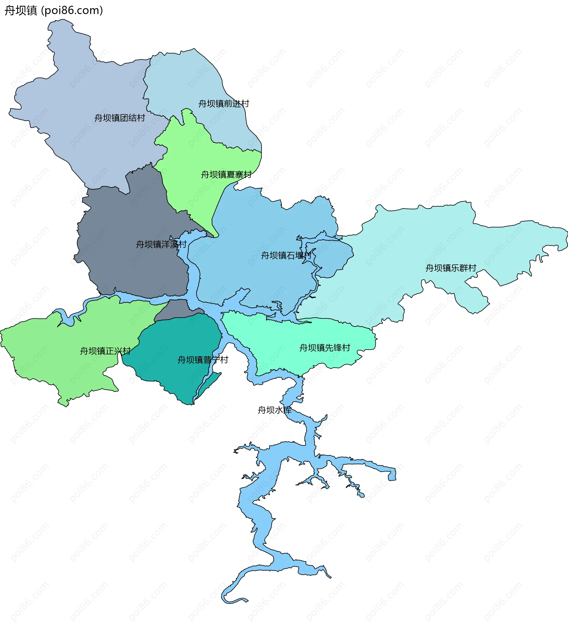 舟坝镇边界地图(五级行政区划)