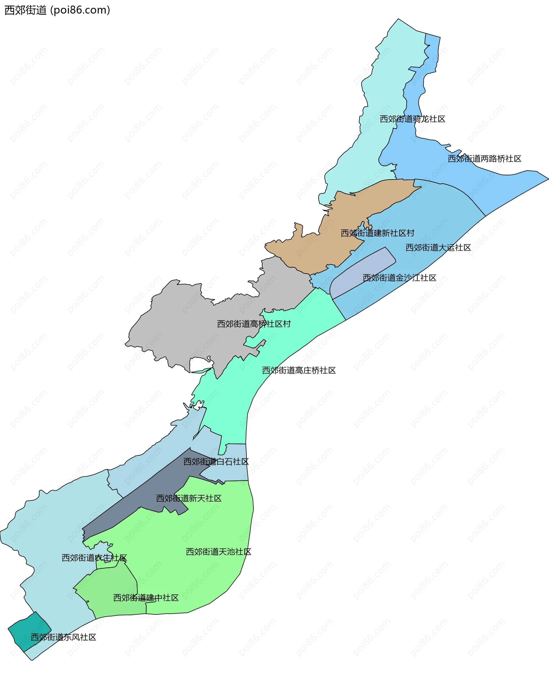 西郊街道边界地图(五级行政区划)