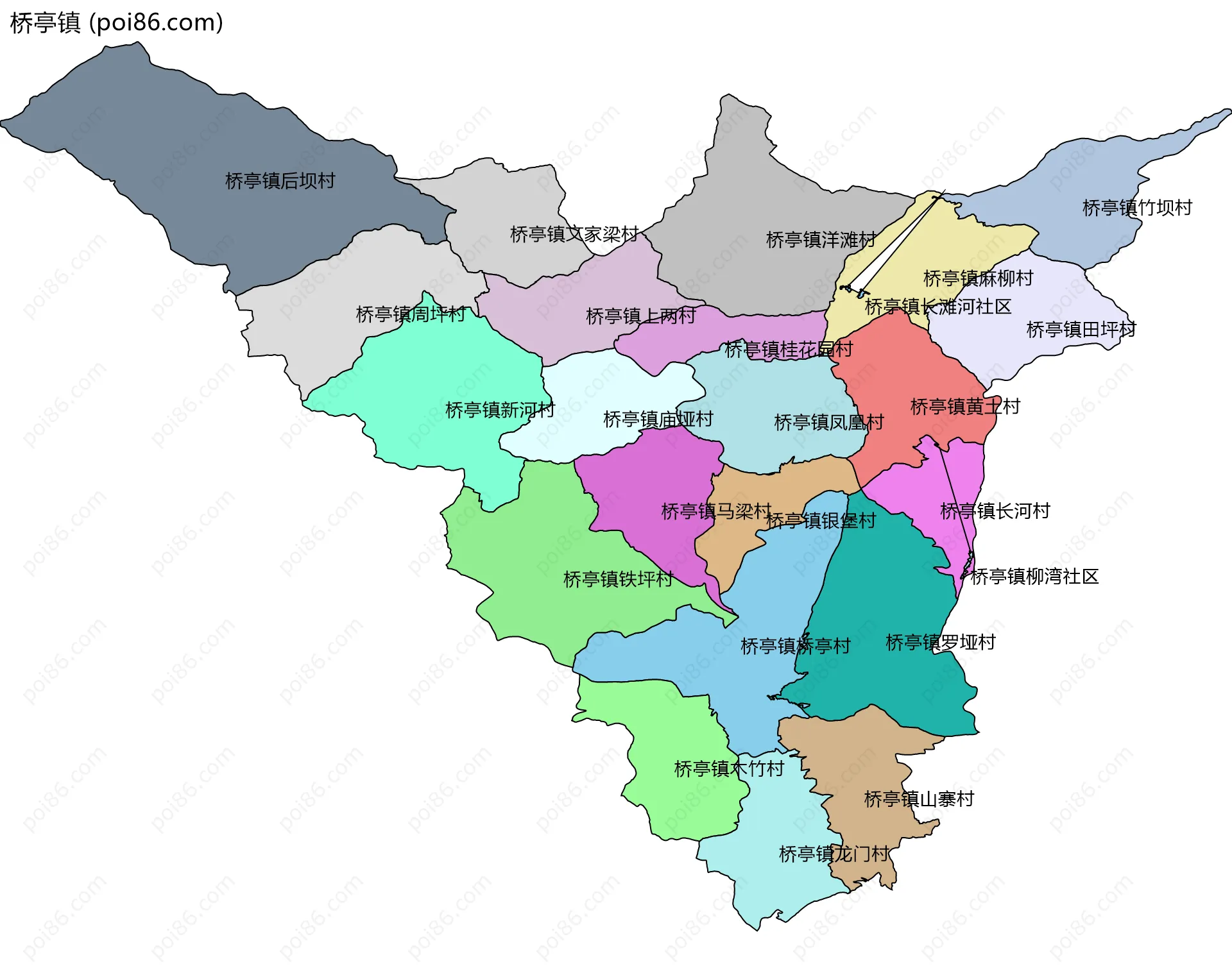 桥亭镇边界地图(五级行政区划)