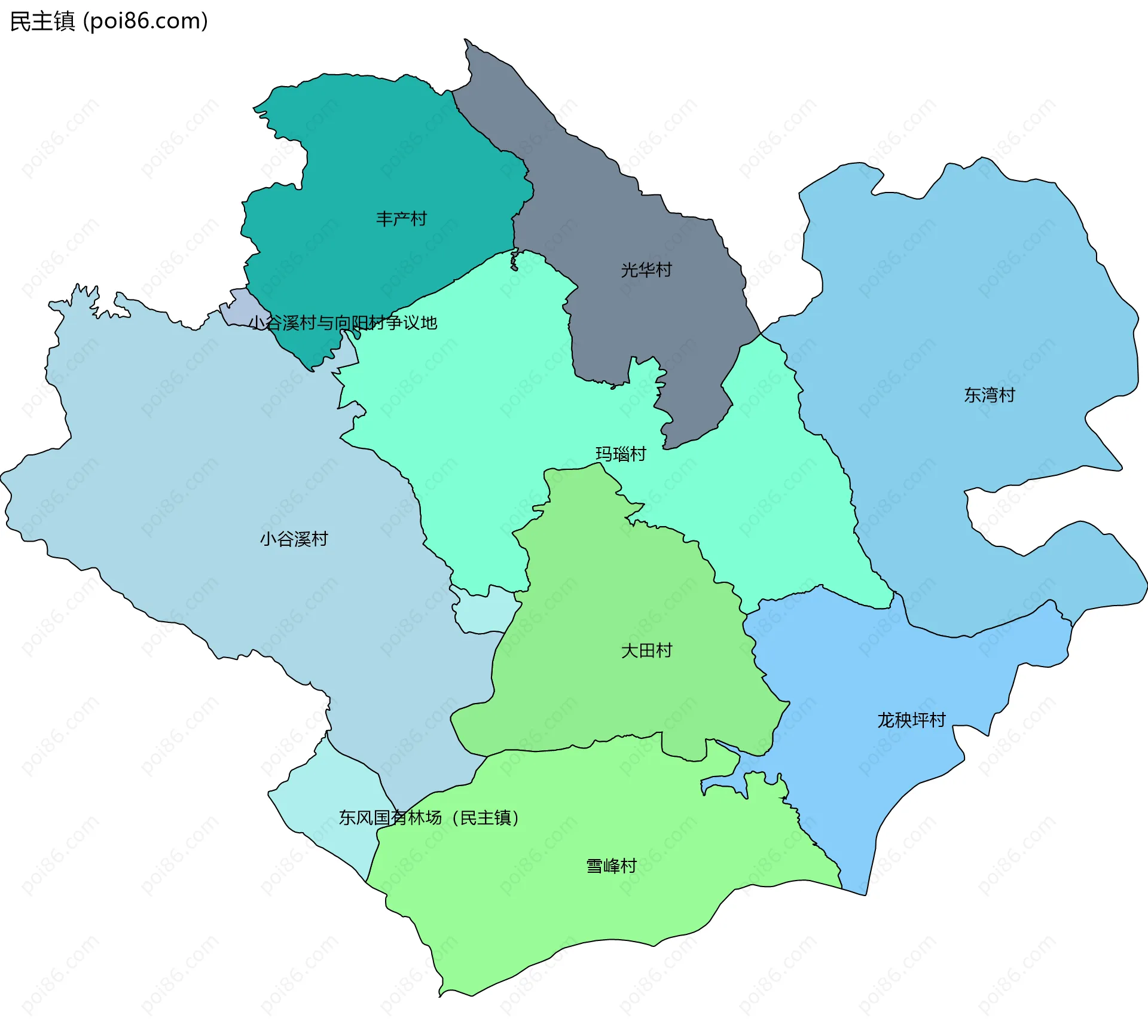 民主镇边界地图(五级行政区划)