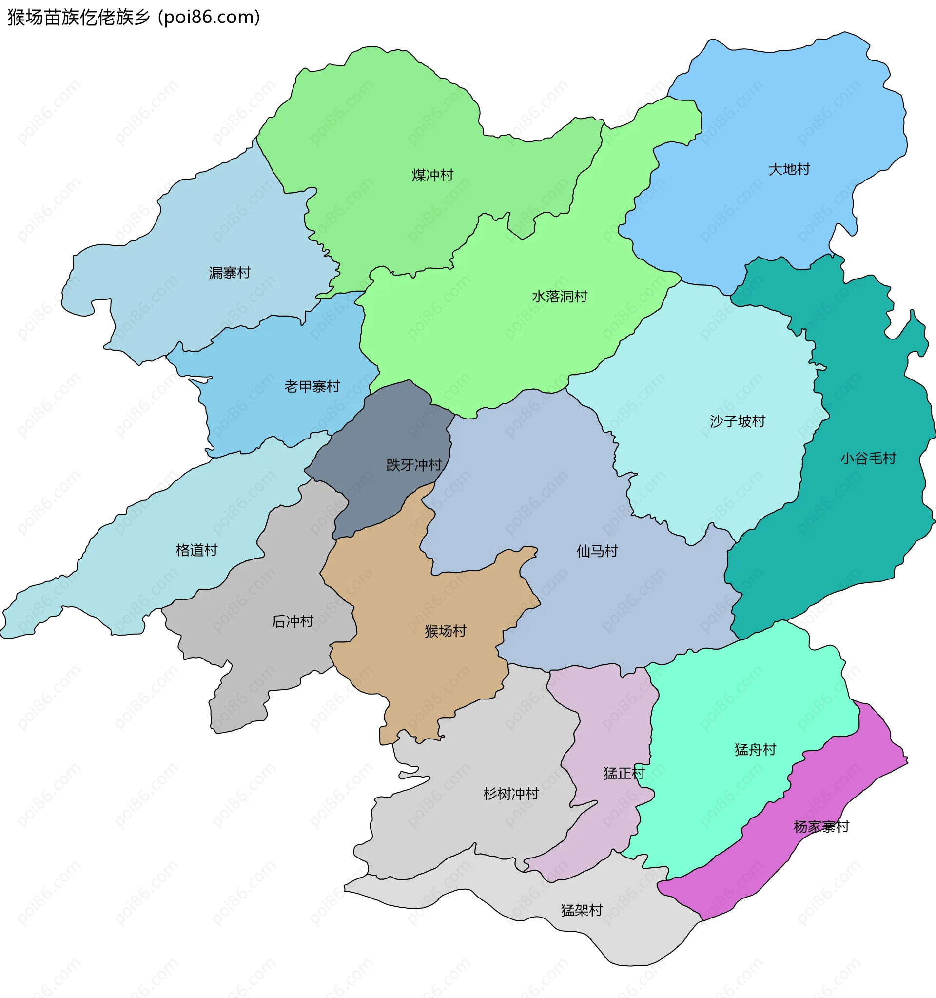 猴场苗族仡佬族乡边界地图(五级行政区划)