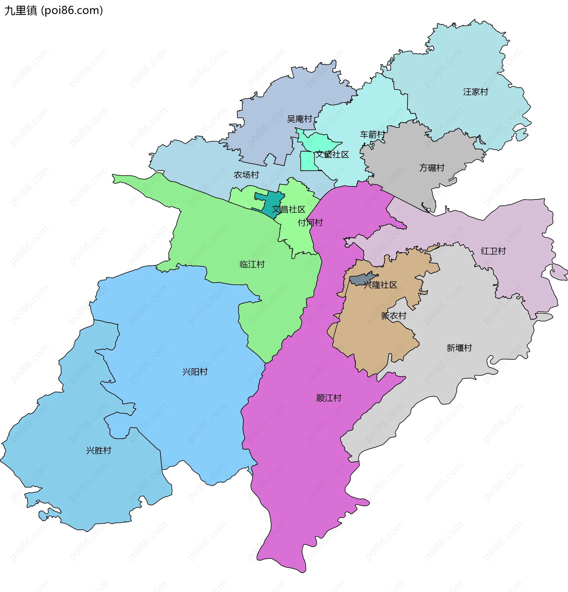 九里镇边界地图(五级行政区划)