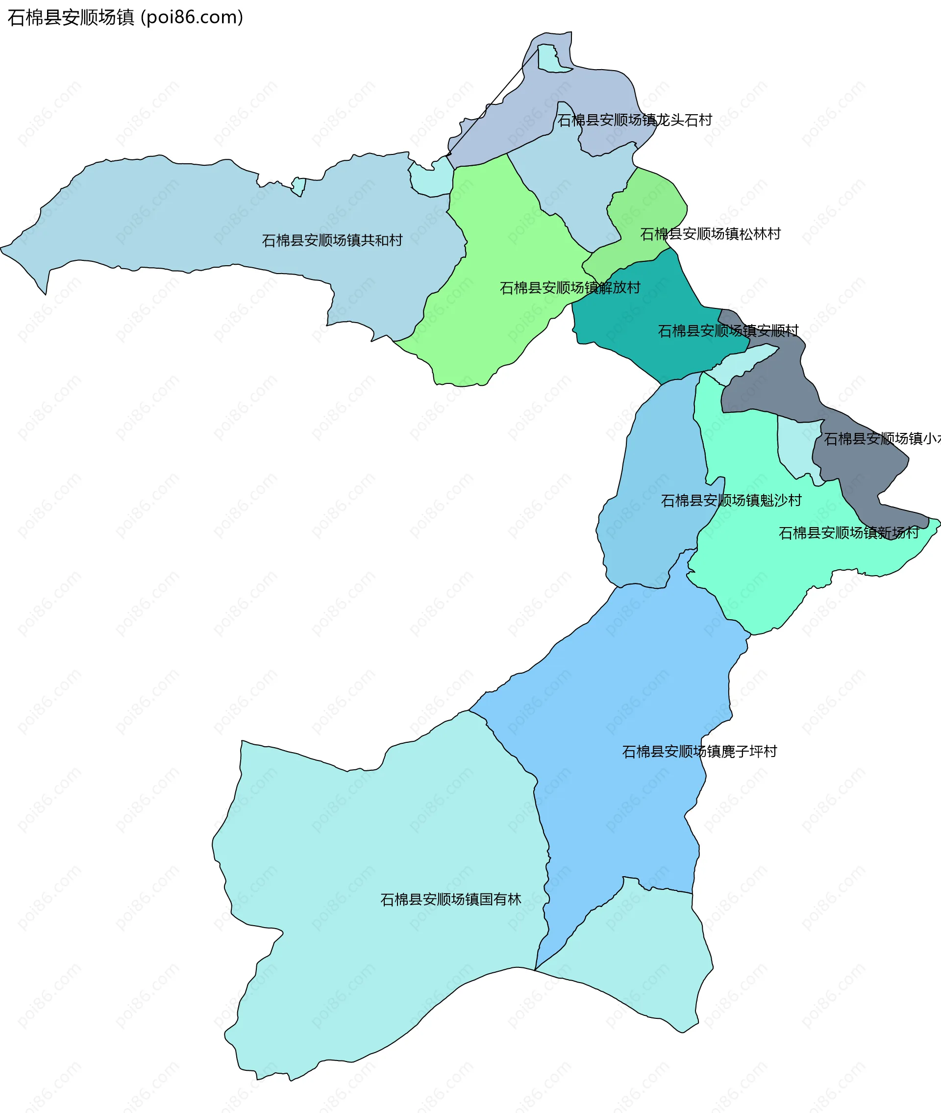石棉县安顺场镇边界地图(五级行政区划)