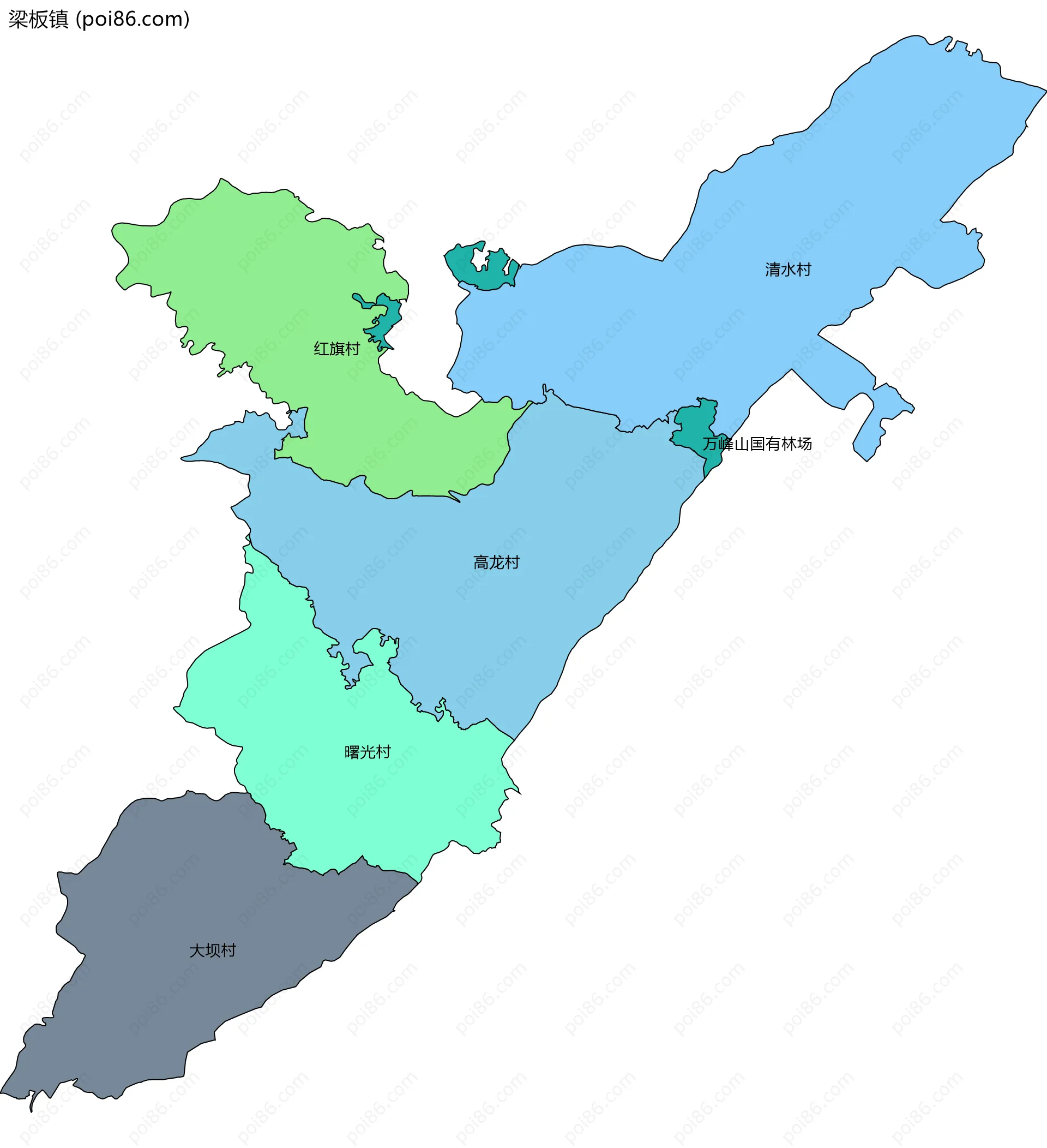梁板镇边界地图(五级行政区划)