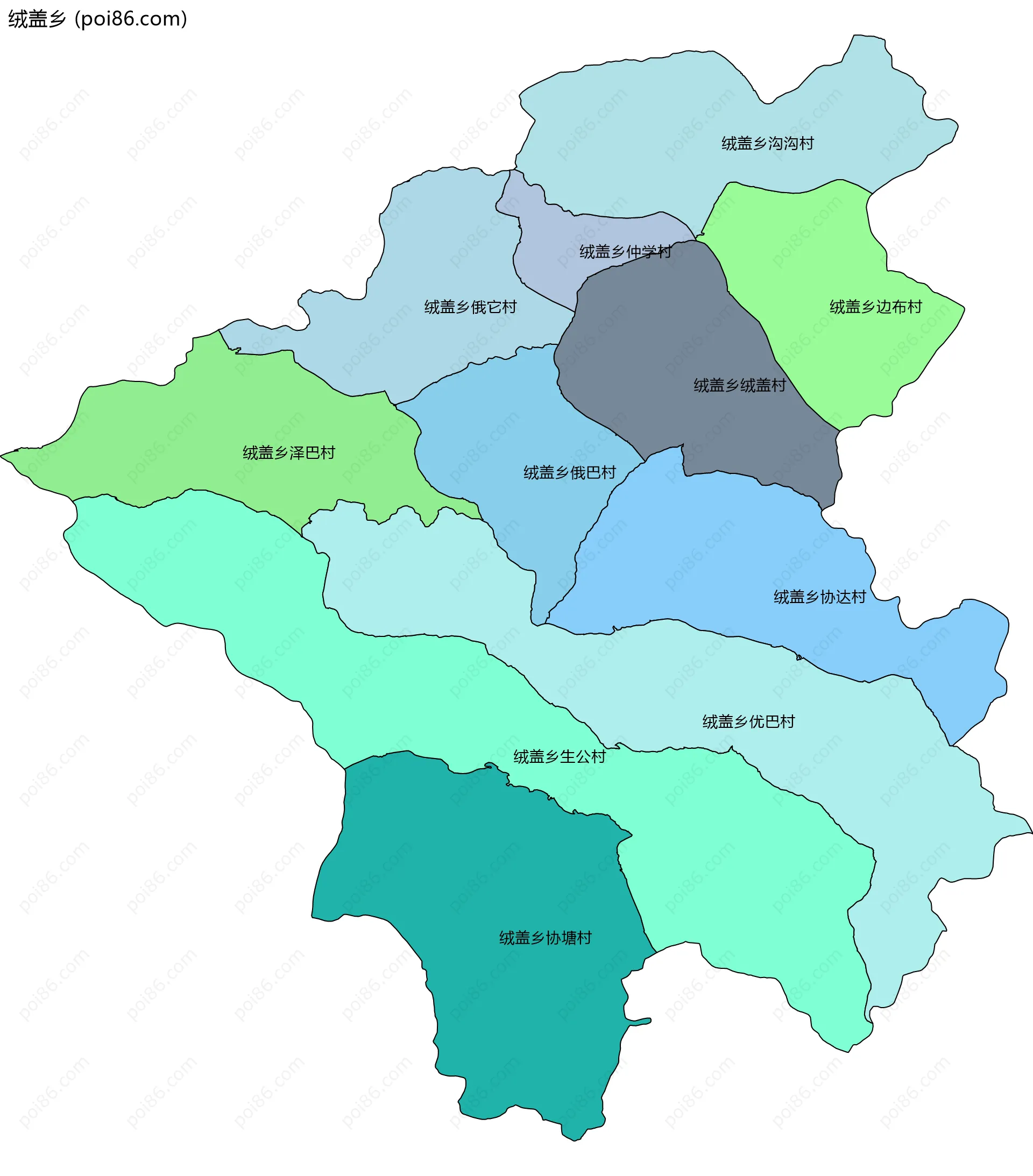 绒盖乡边界地图(五级行政区划)