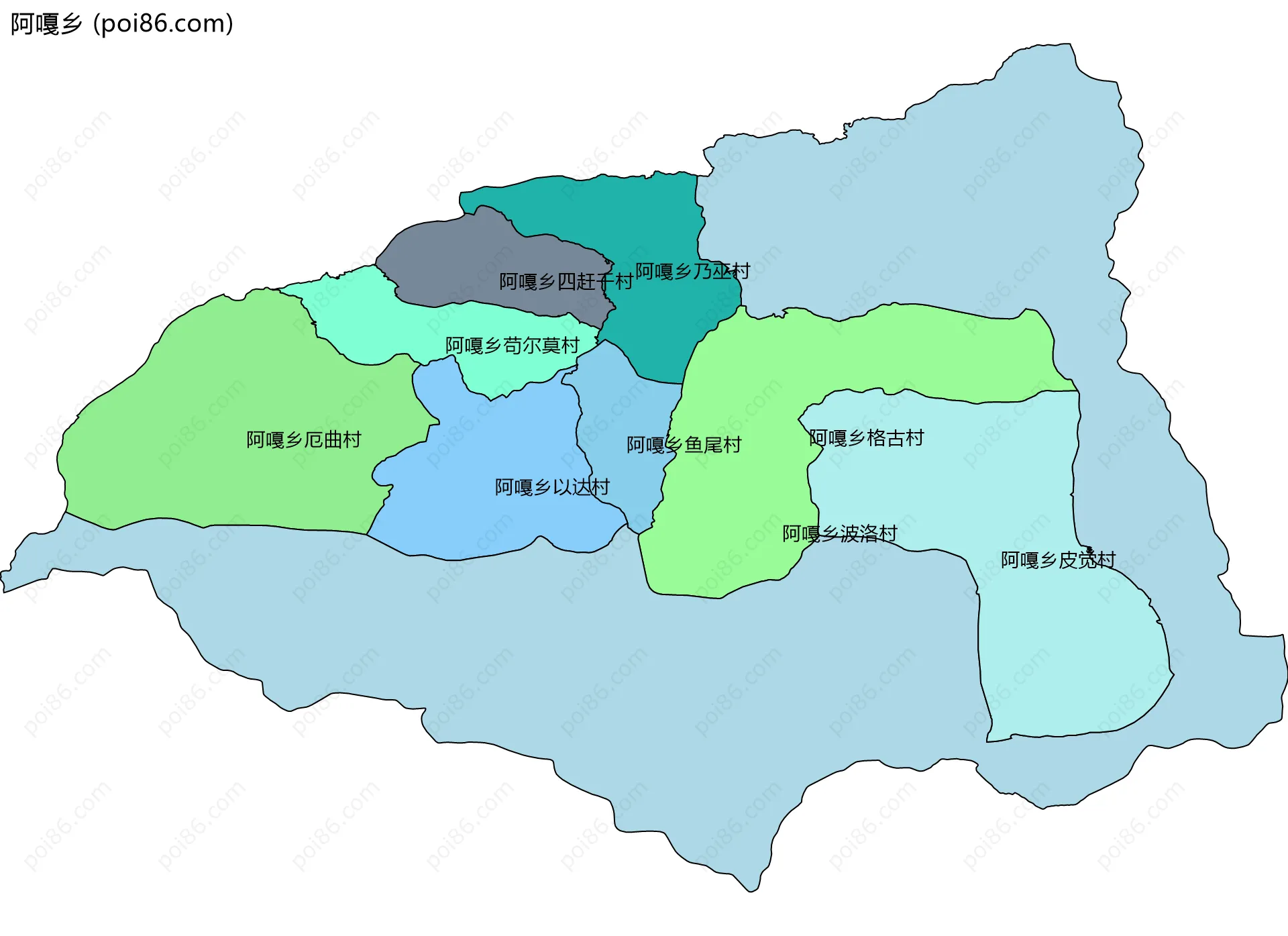 阿嘎乡边界地图(五级行政区划)