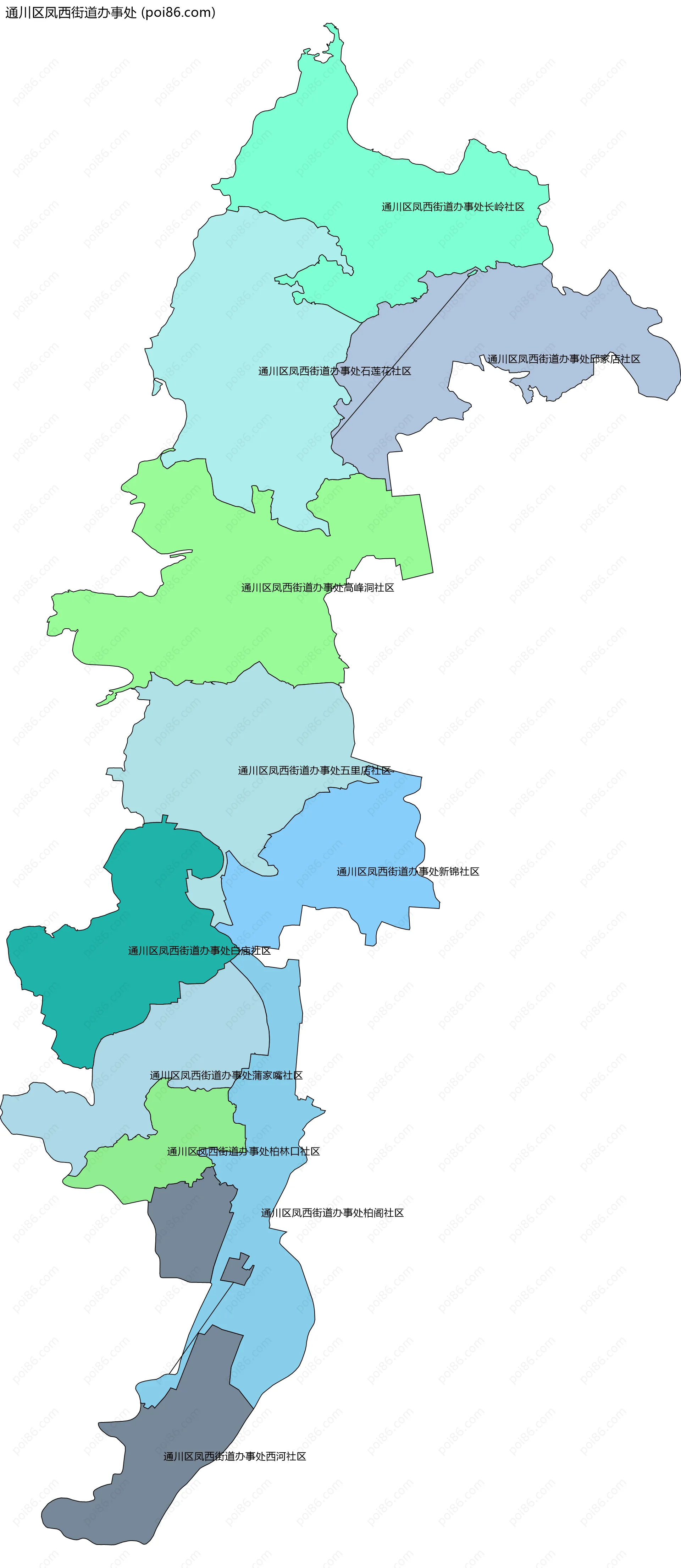 通川区凤西街道办事处边界地图(五级行政区划)