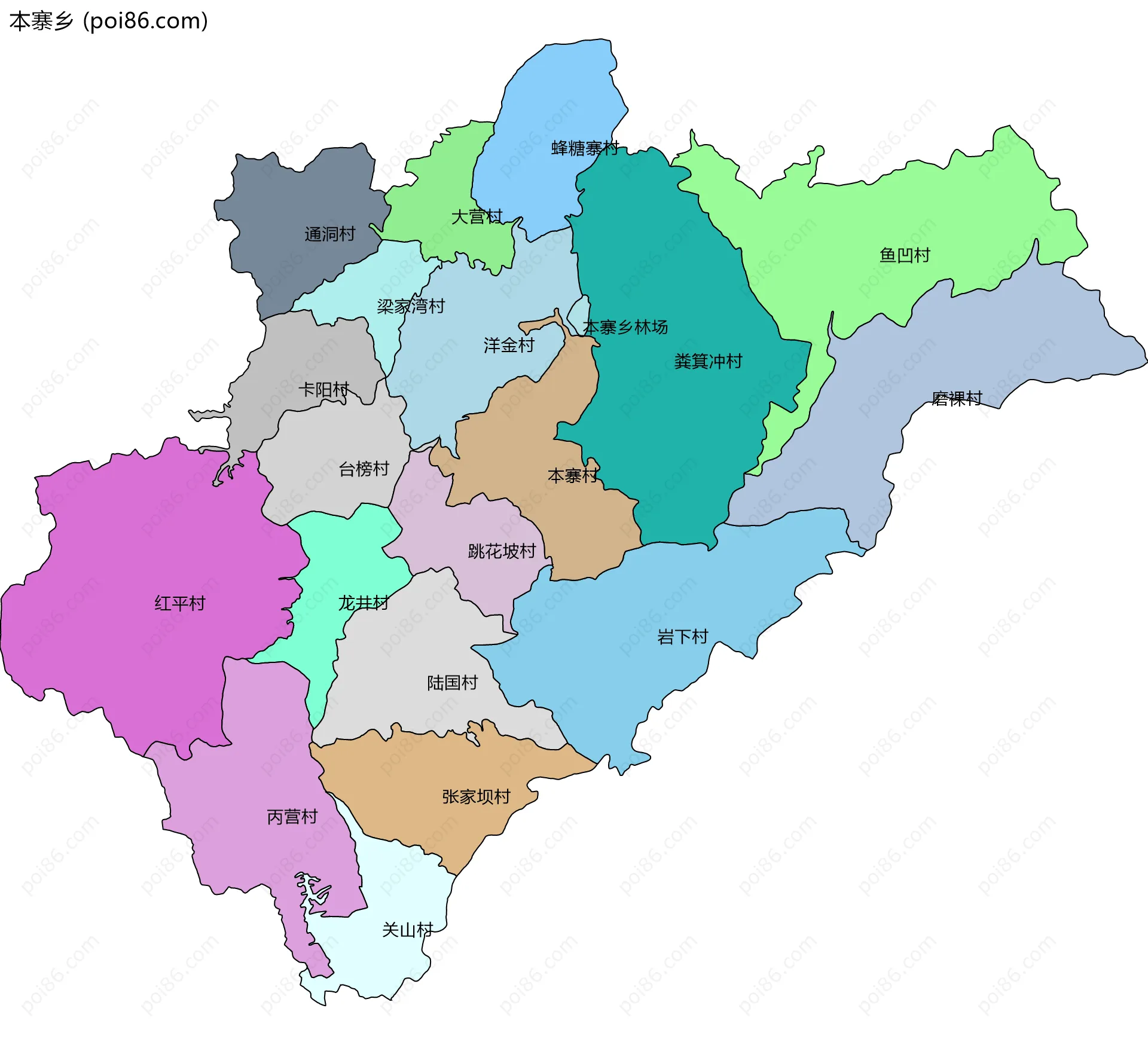 本寨乡边界地图(五级行政区划)
