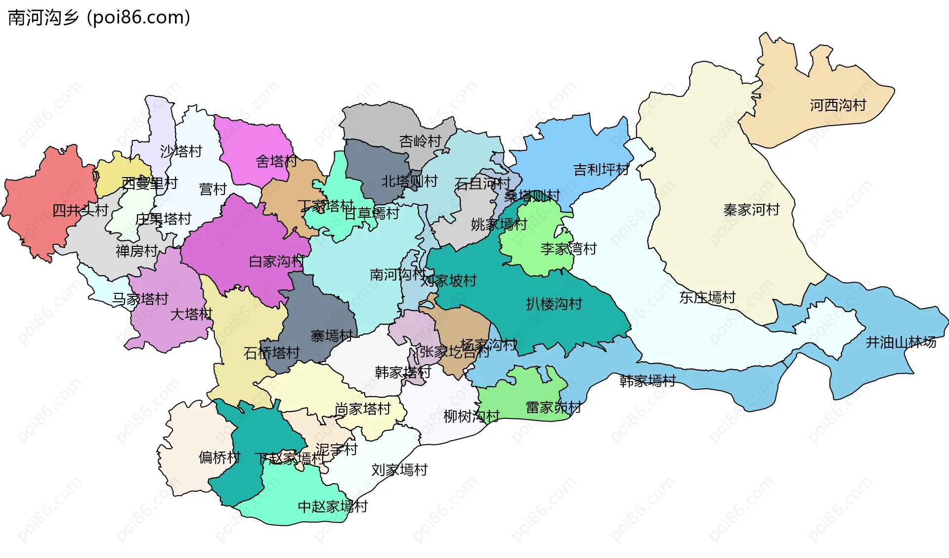 南河沟乡边界地图(五级行政区划)