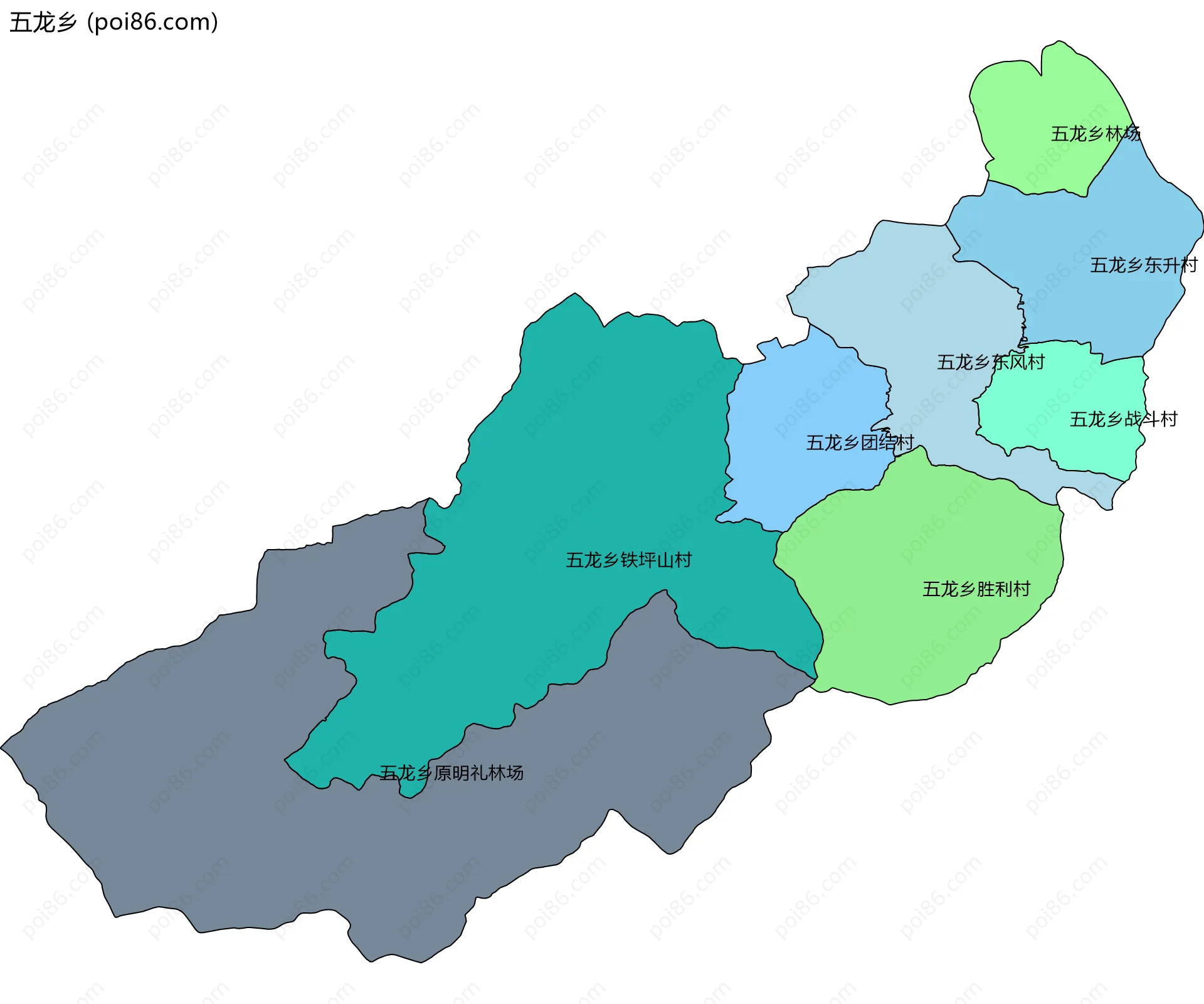 五龙乡边界地图(五级行政区划)