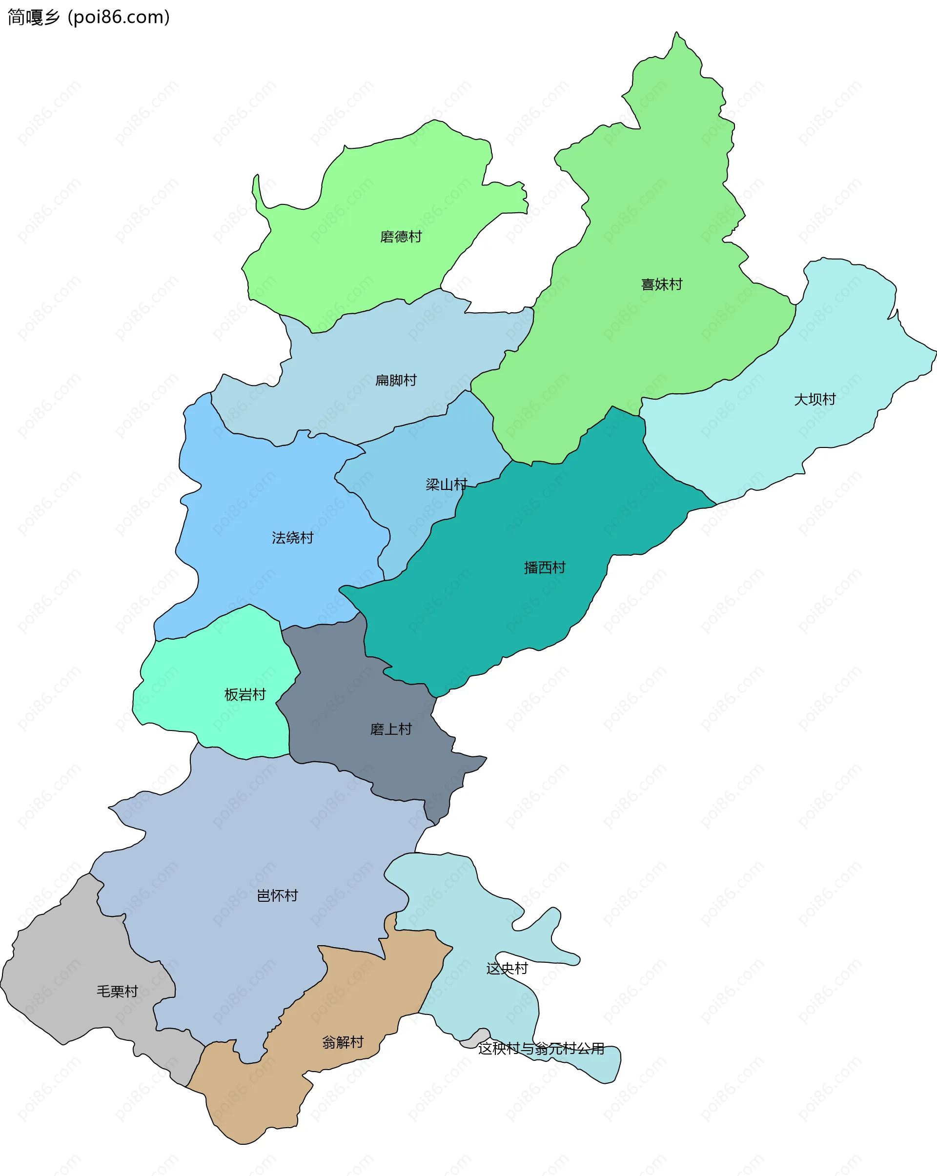 简嘎乡边界地图(五级行政区划)