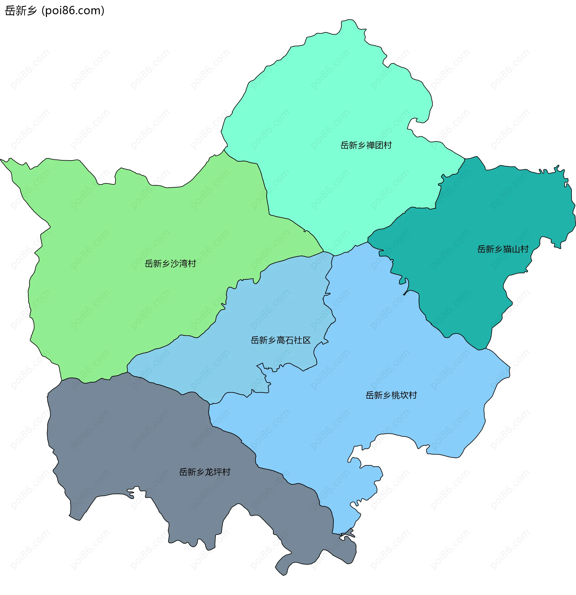 岳新乡边界地图(五级行政区划)