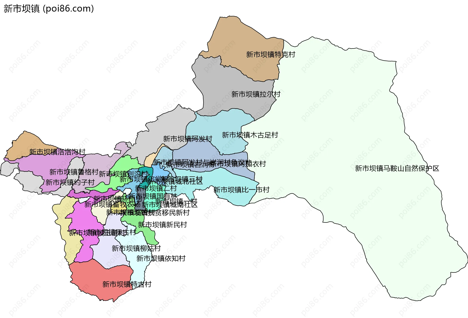 新市坝镇边界地图(五级行政区划)