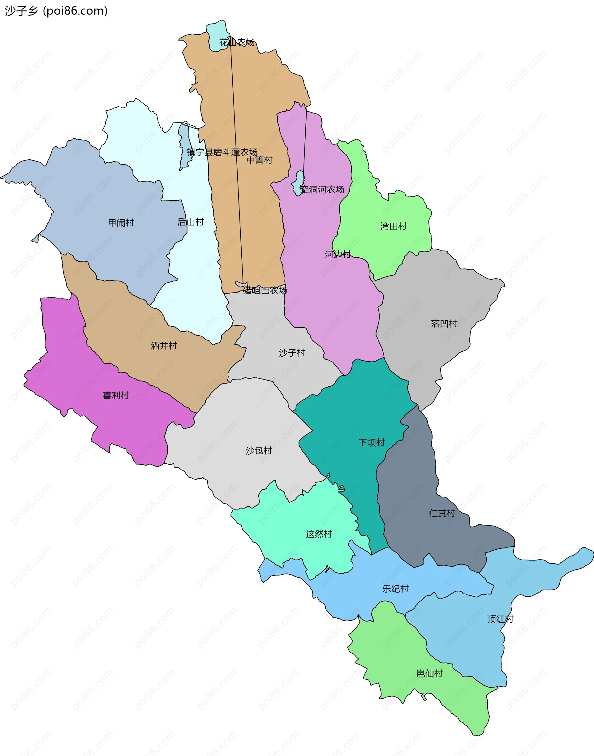 沙子乡边界地图(五级行政区划)