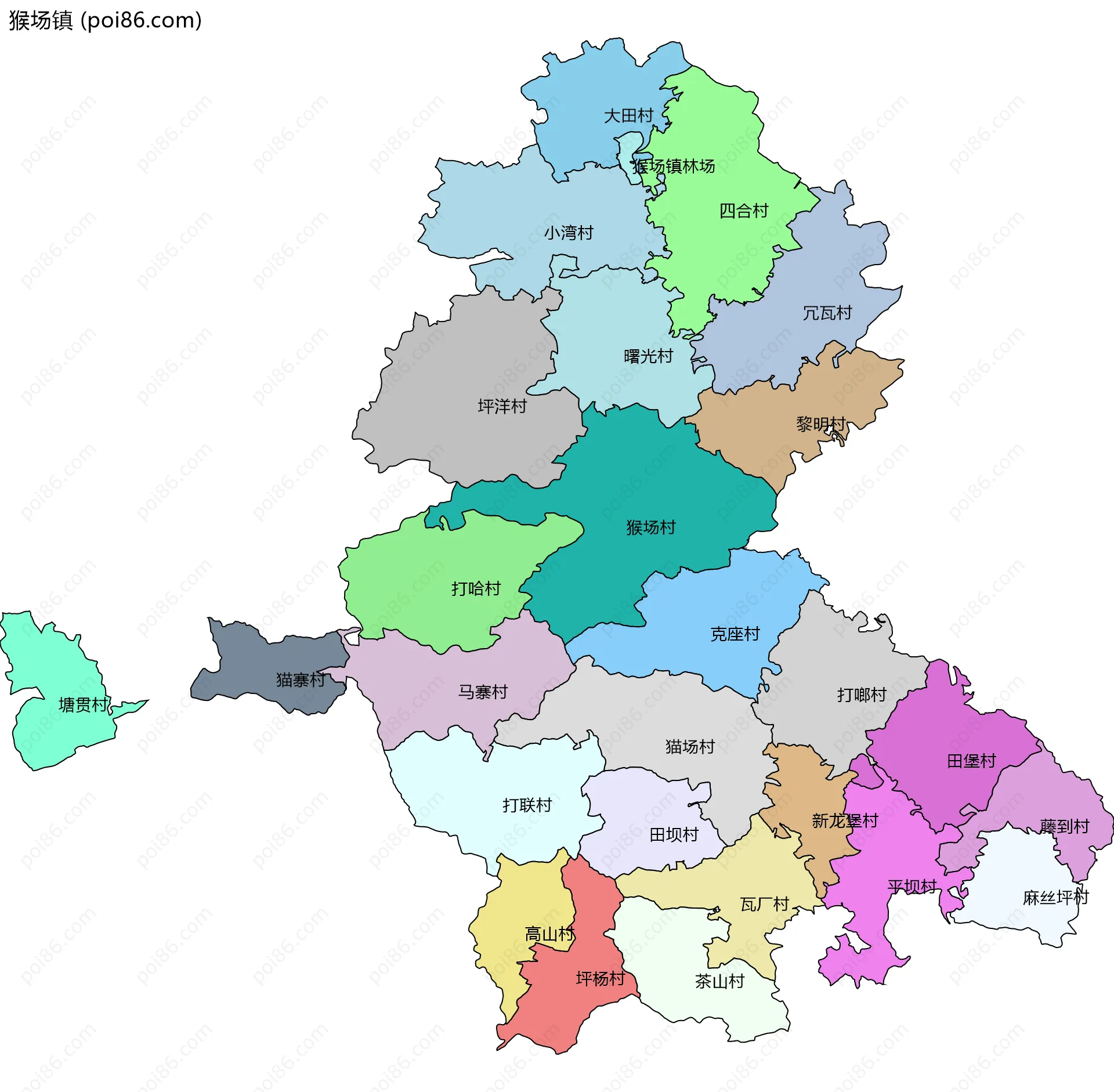 猴场镇边界地图(五级行政区划)