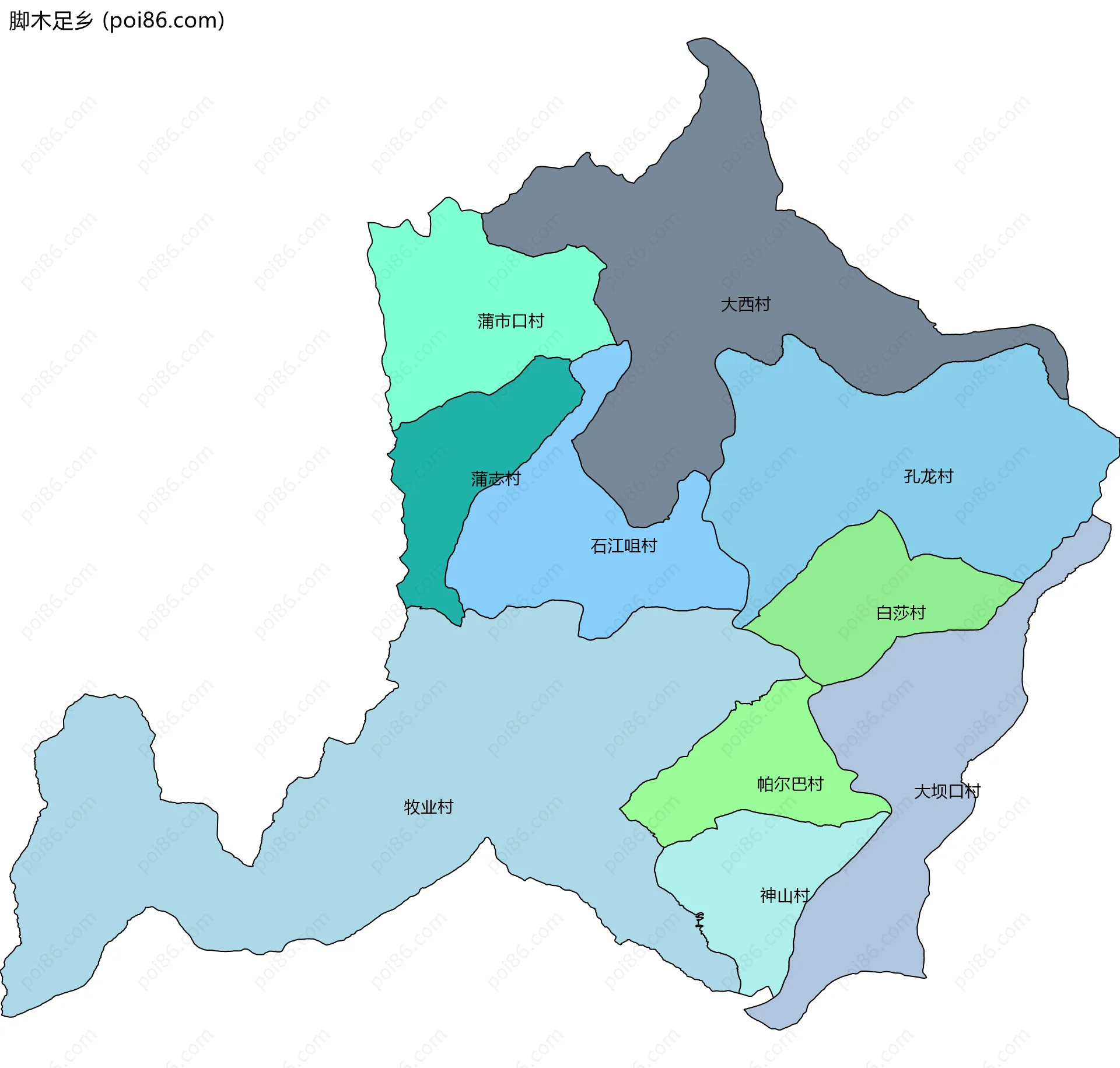 脚木足乡边界地图(五级行政区划)