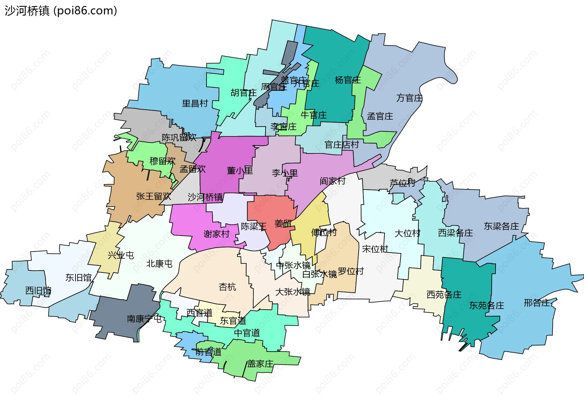 沙河桥镇边界地图(五级行政区划)