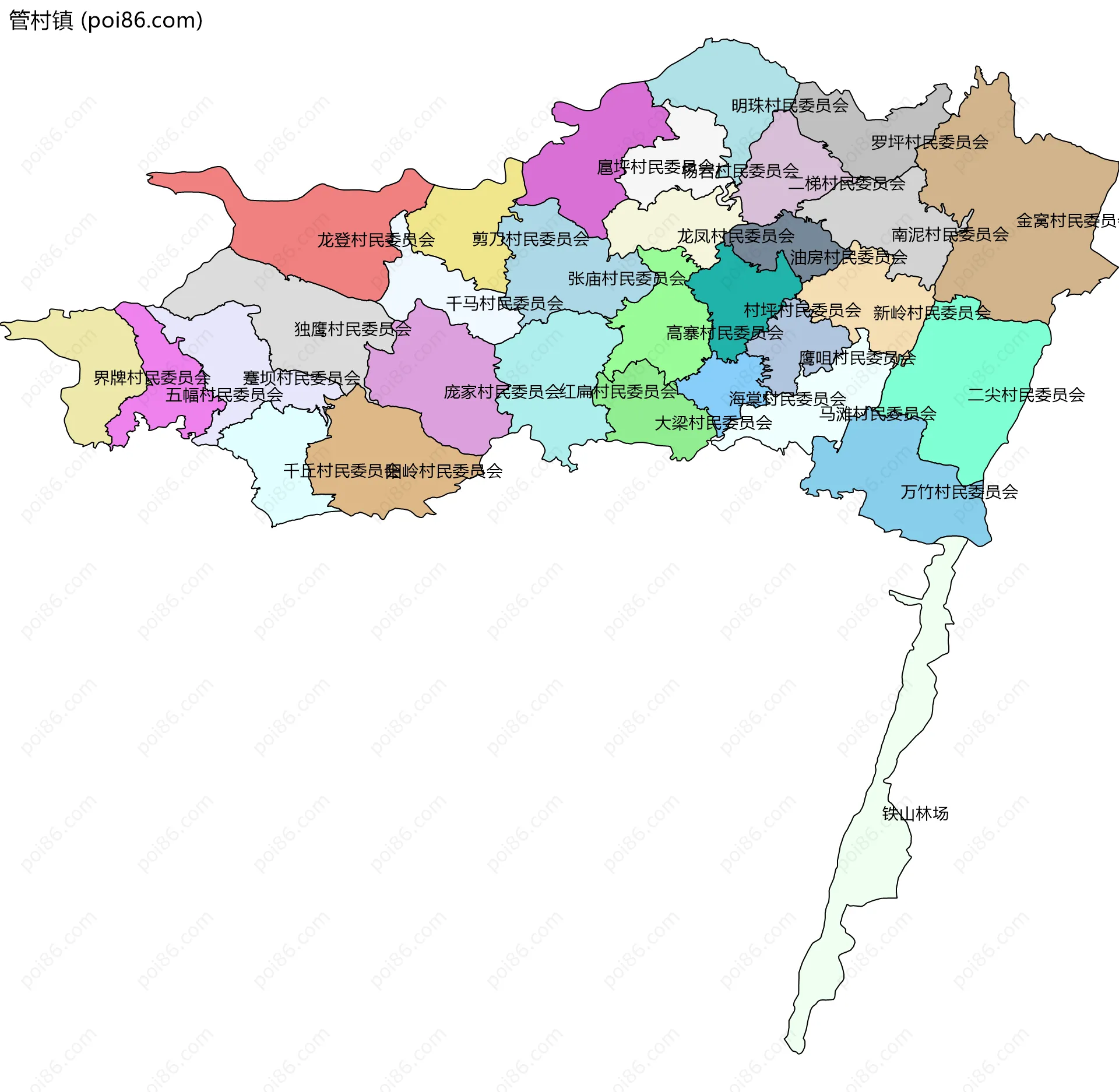 管村镇边界地图(五级行政区划)