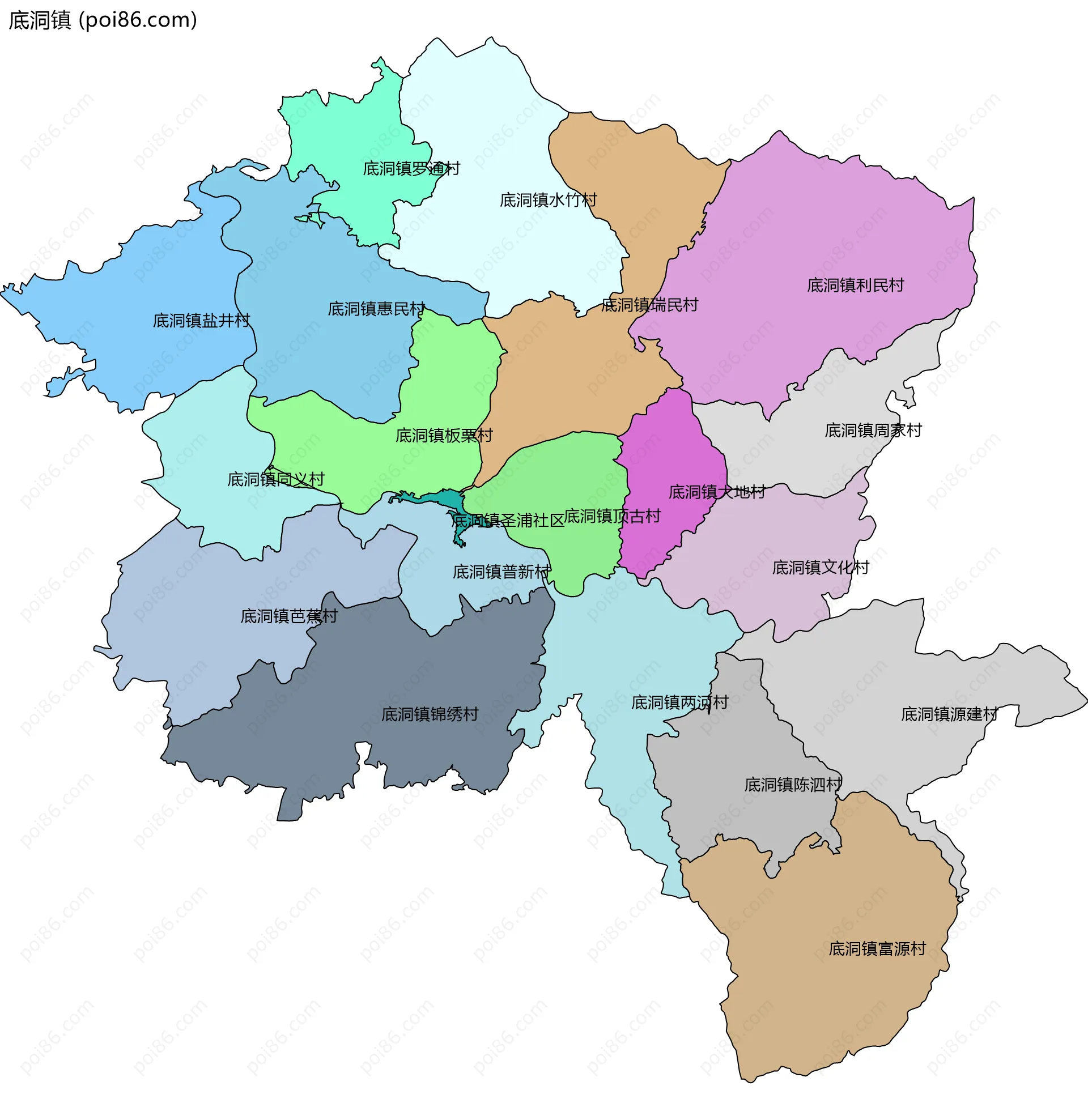 底洞镇边界地图(五级行政区划)