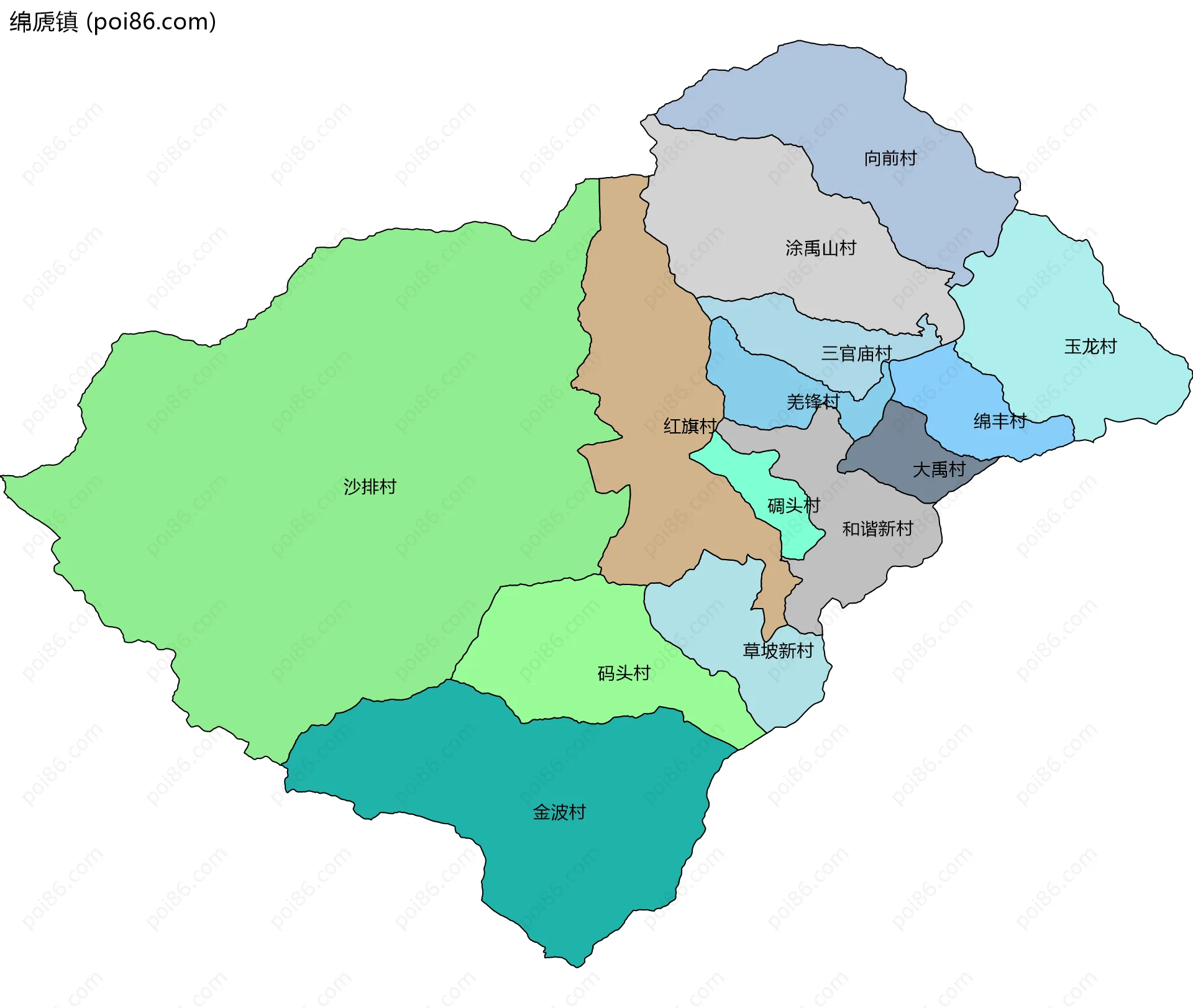 绵虒镇边界地图(五级行政区划)