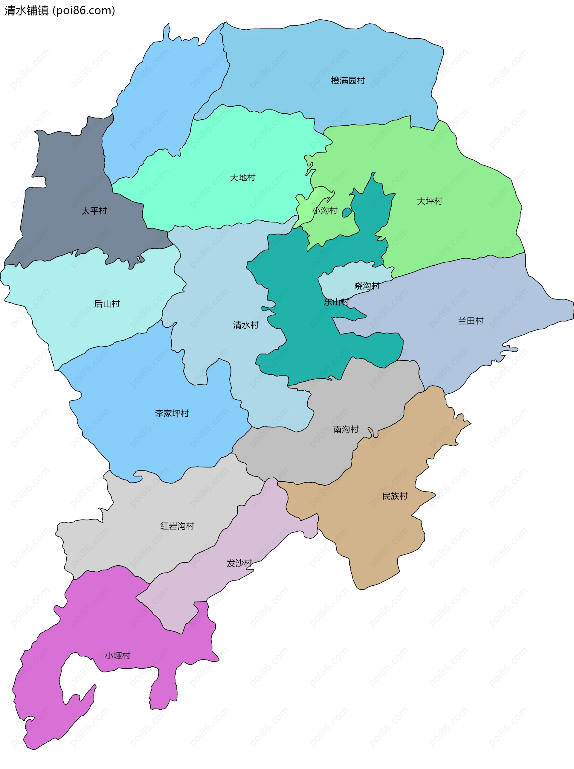 清水铺镇边界地图(五级行政区划)