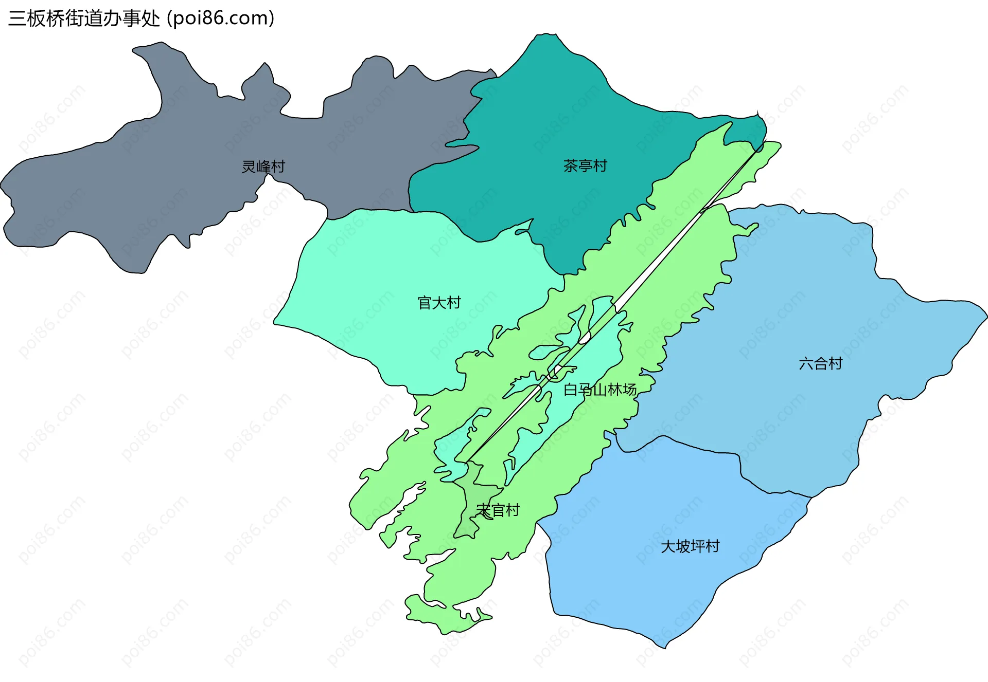 三板桥街道办事处边界地图(五级行政区划)