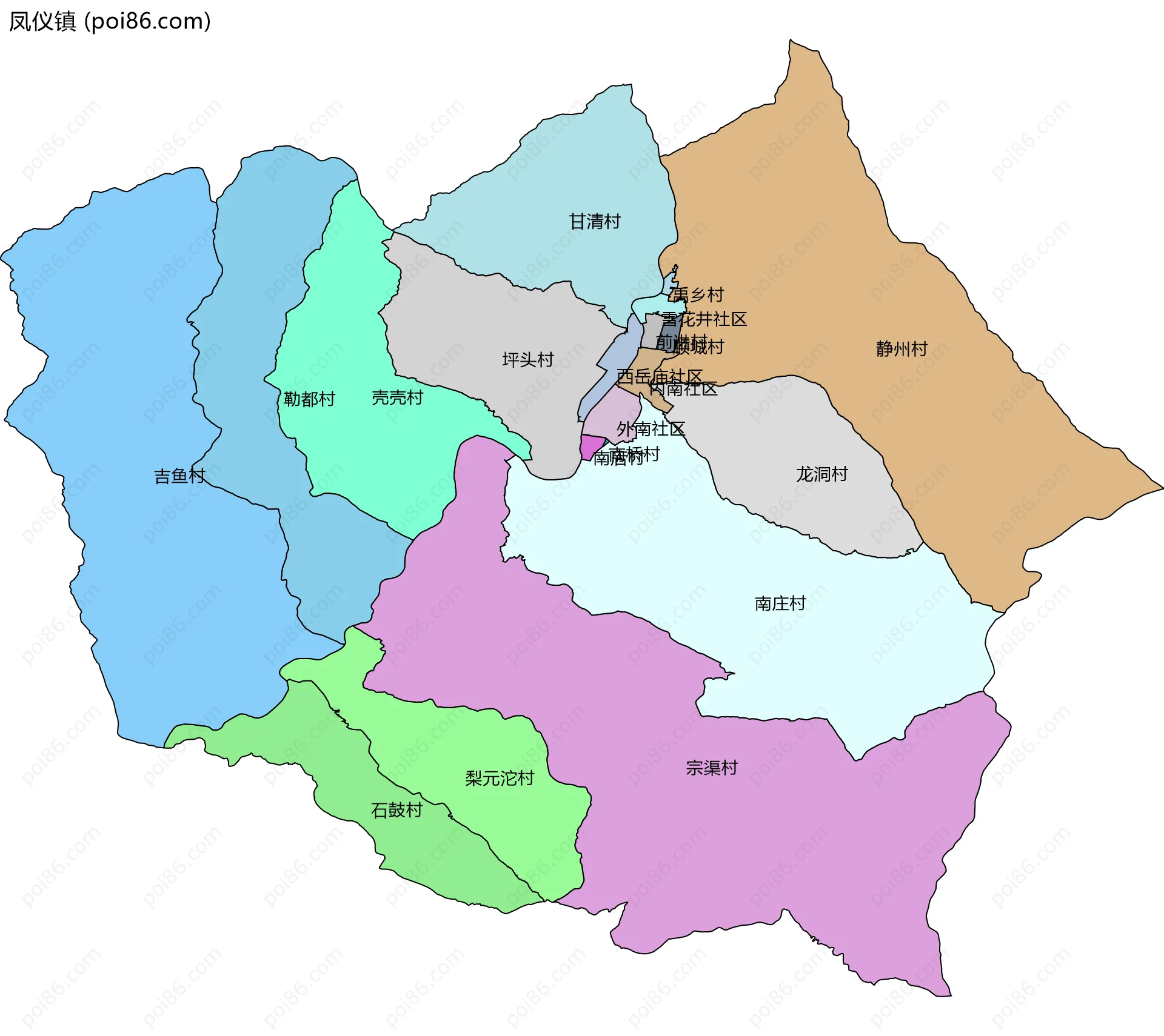 凤仪镇边界地图(五级行政区划)