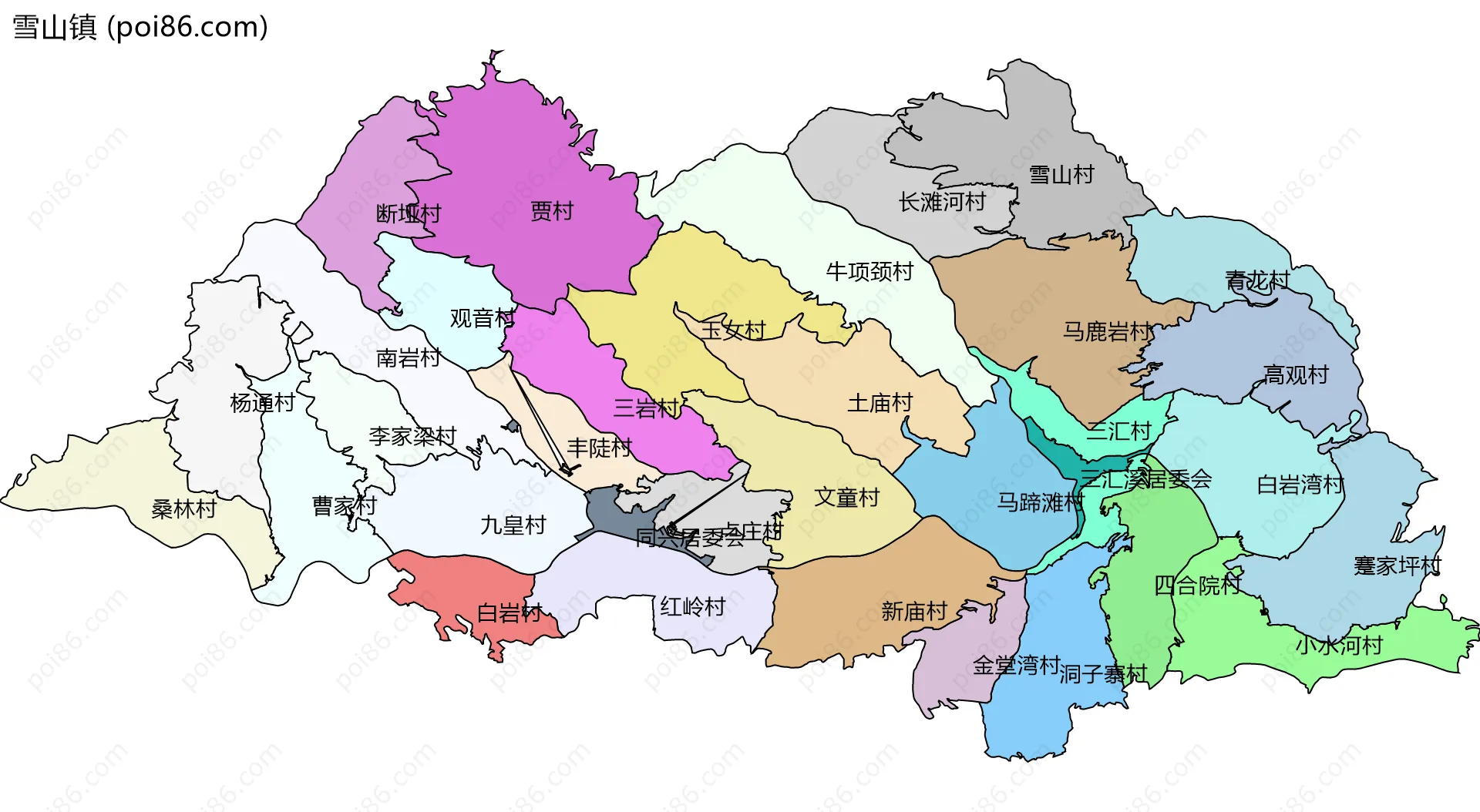 雪山镇边界地图(五级行政区划)