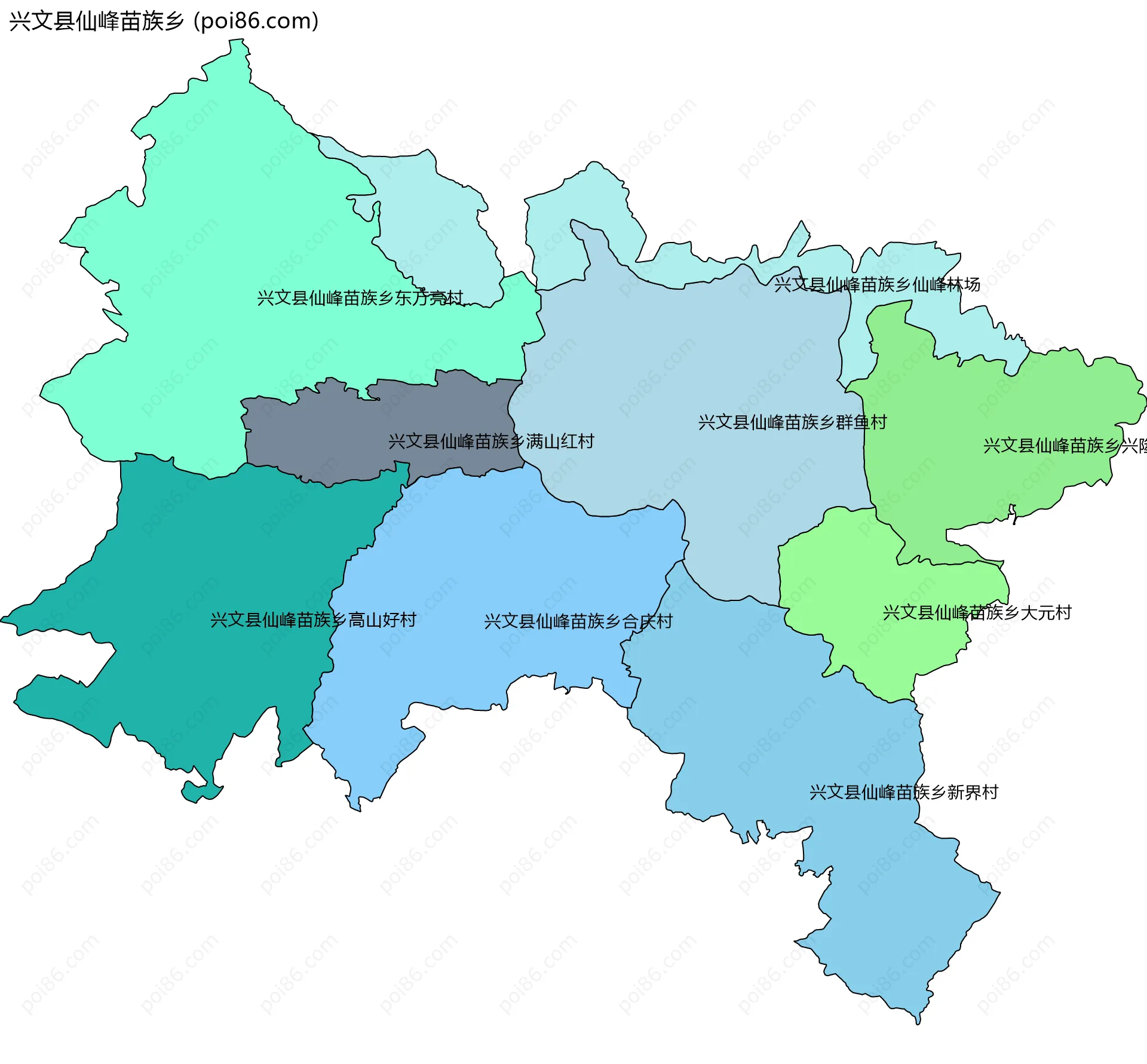 兴文县仙峰苗族乡边界地图(五级行政区划)
