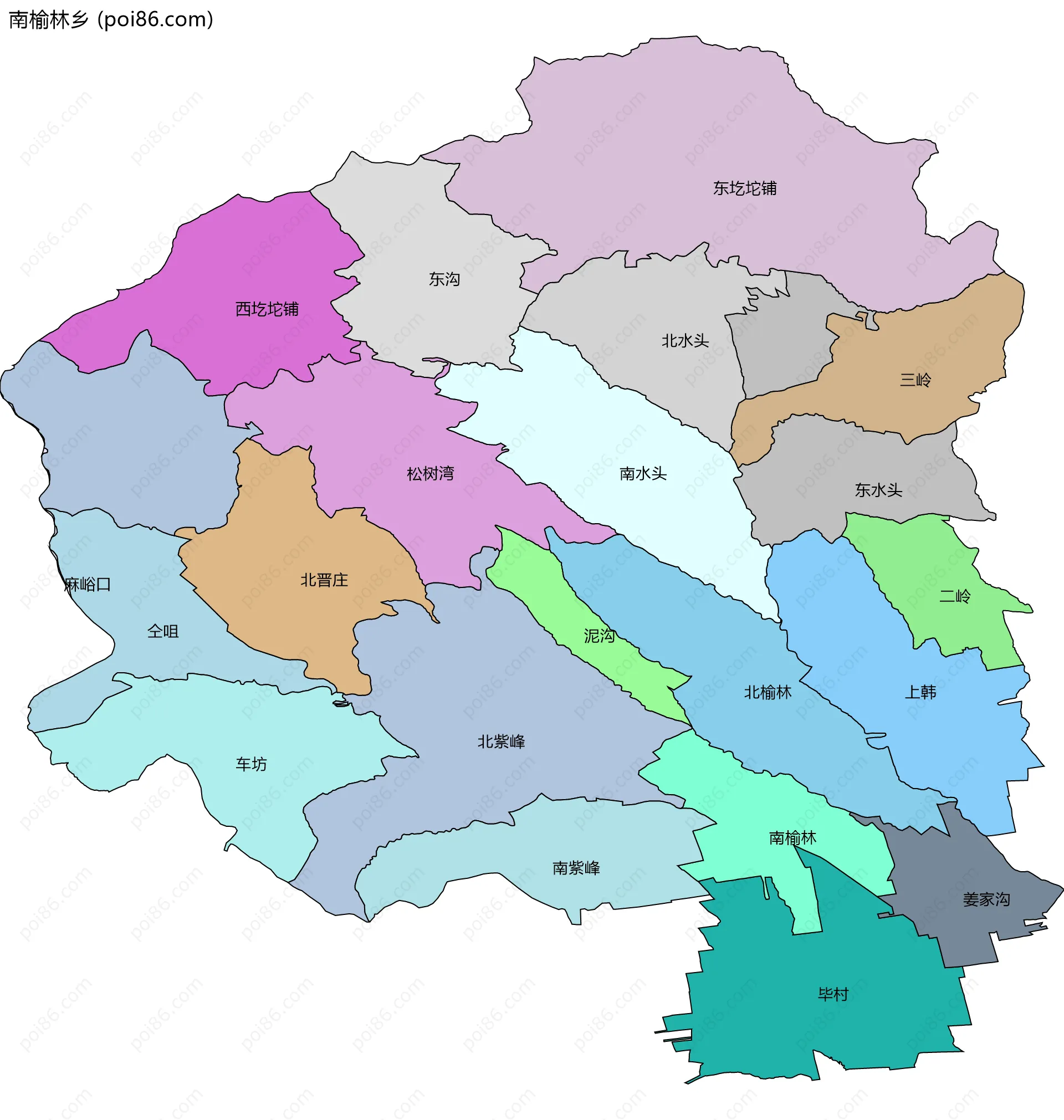 南榆林乡边界地图(五级行政区划)
