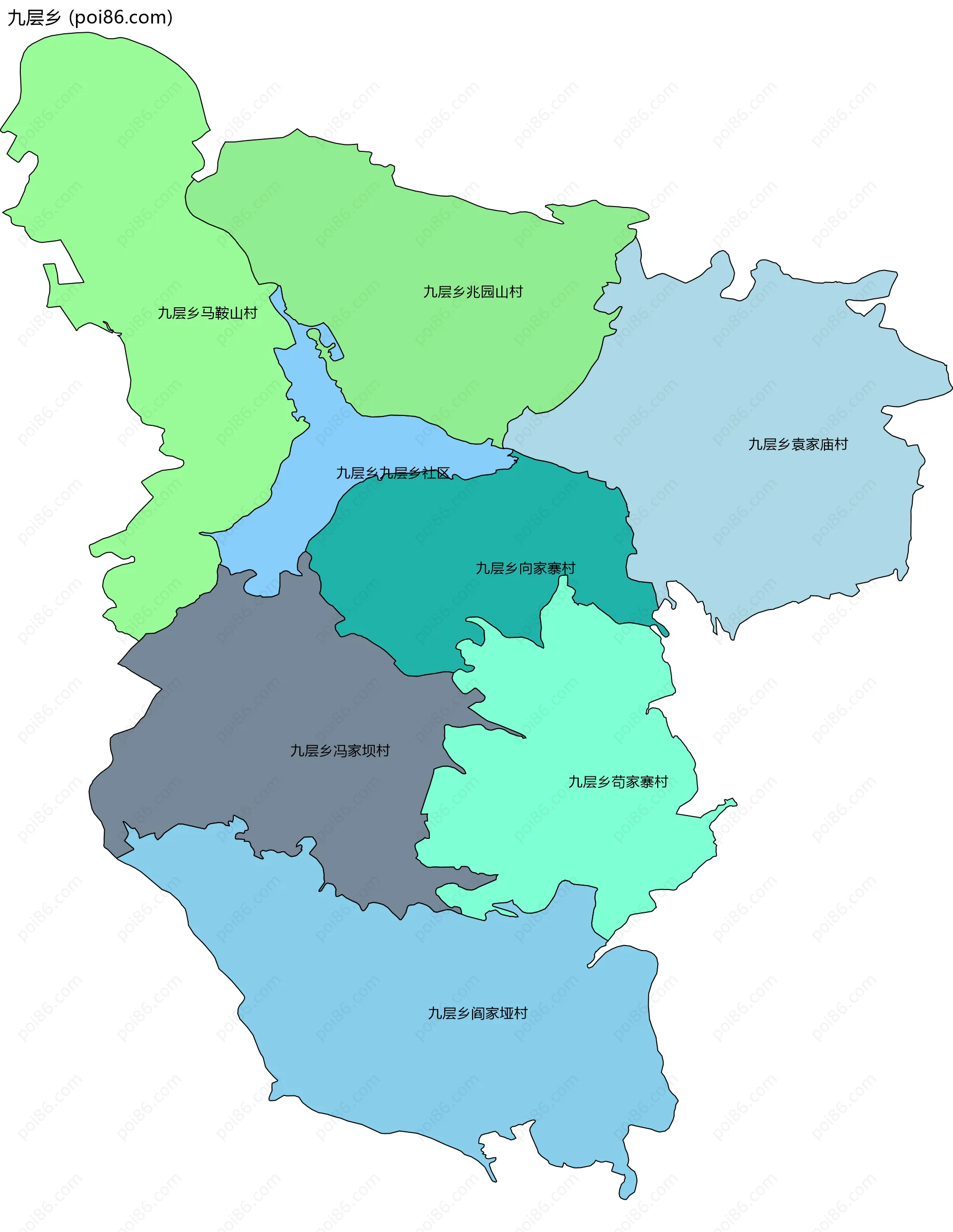 九层乡边界地图(五级行政区划)