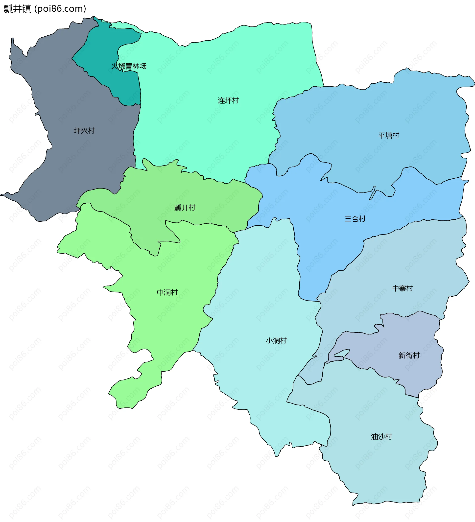 瓢井镇边界地图(五级行政区划)
