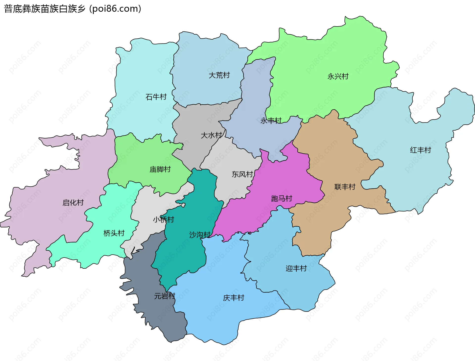 普底彝族苗族白族乡边界地图(五级行政区划)