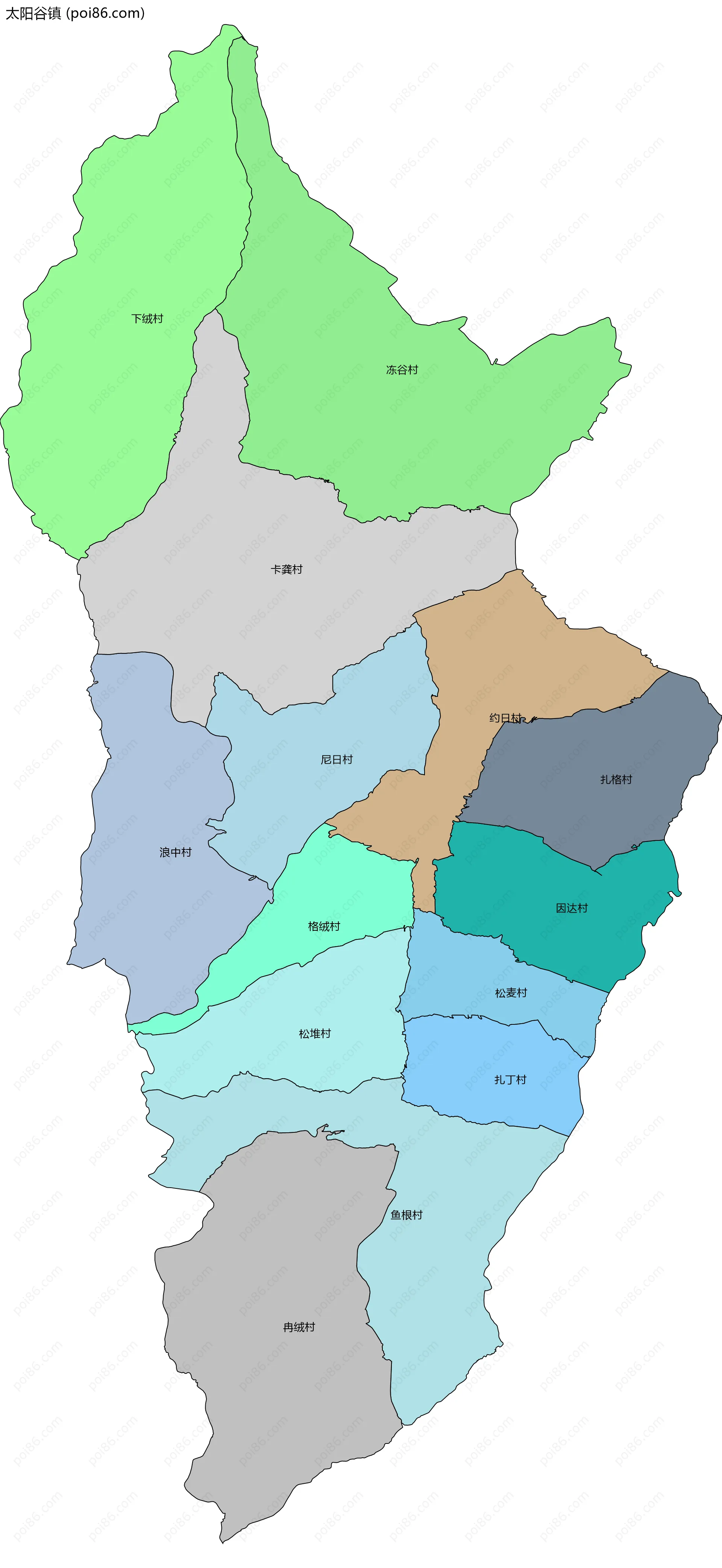 太阳谷镇边界地图(五级行政区划)