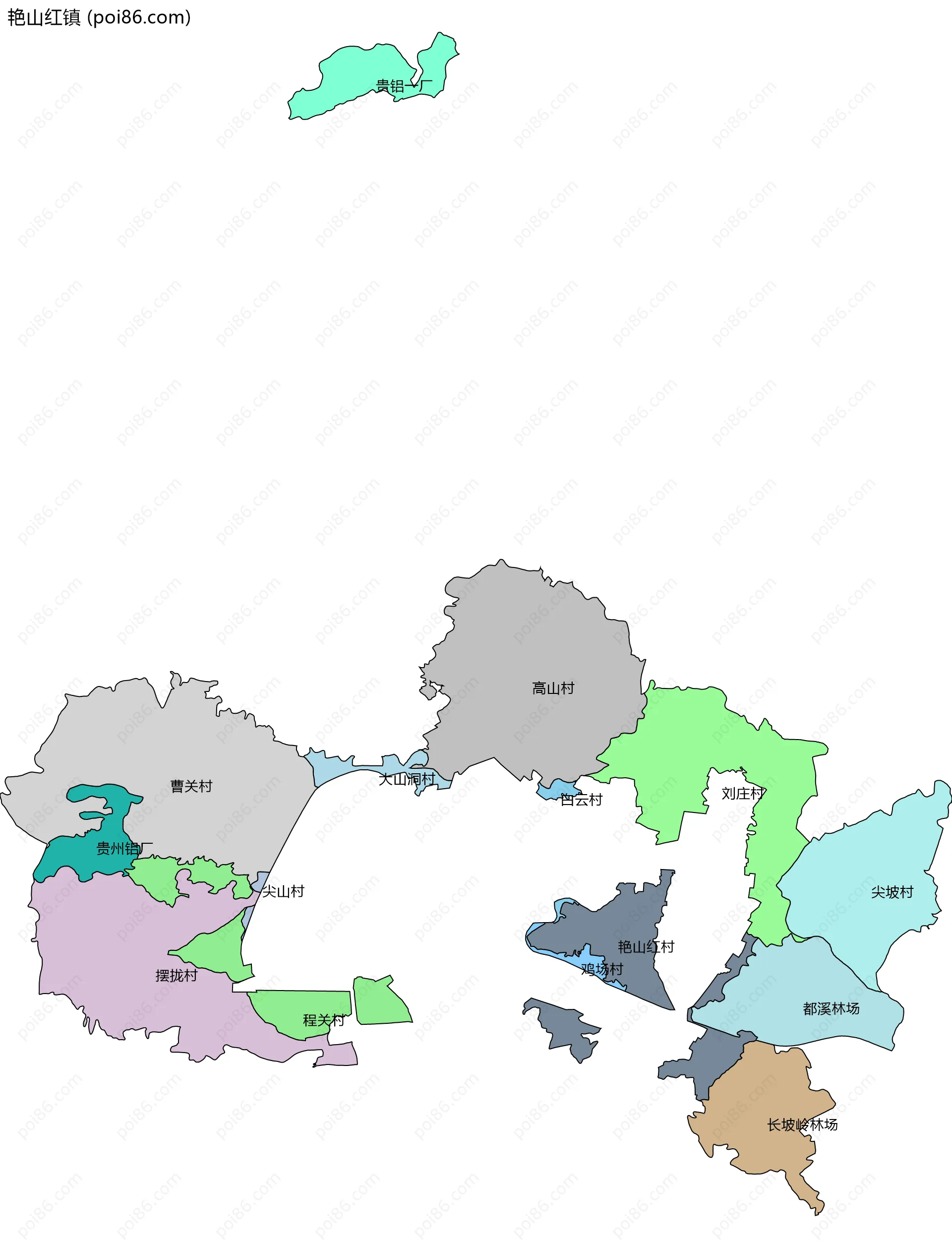 艳山红镇边界地图(五级行政区划)