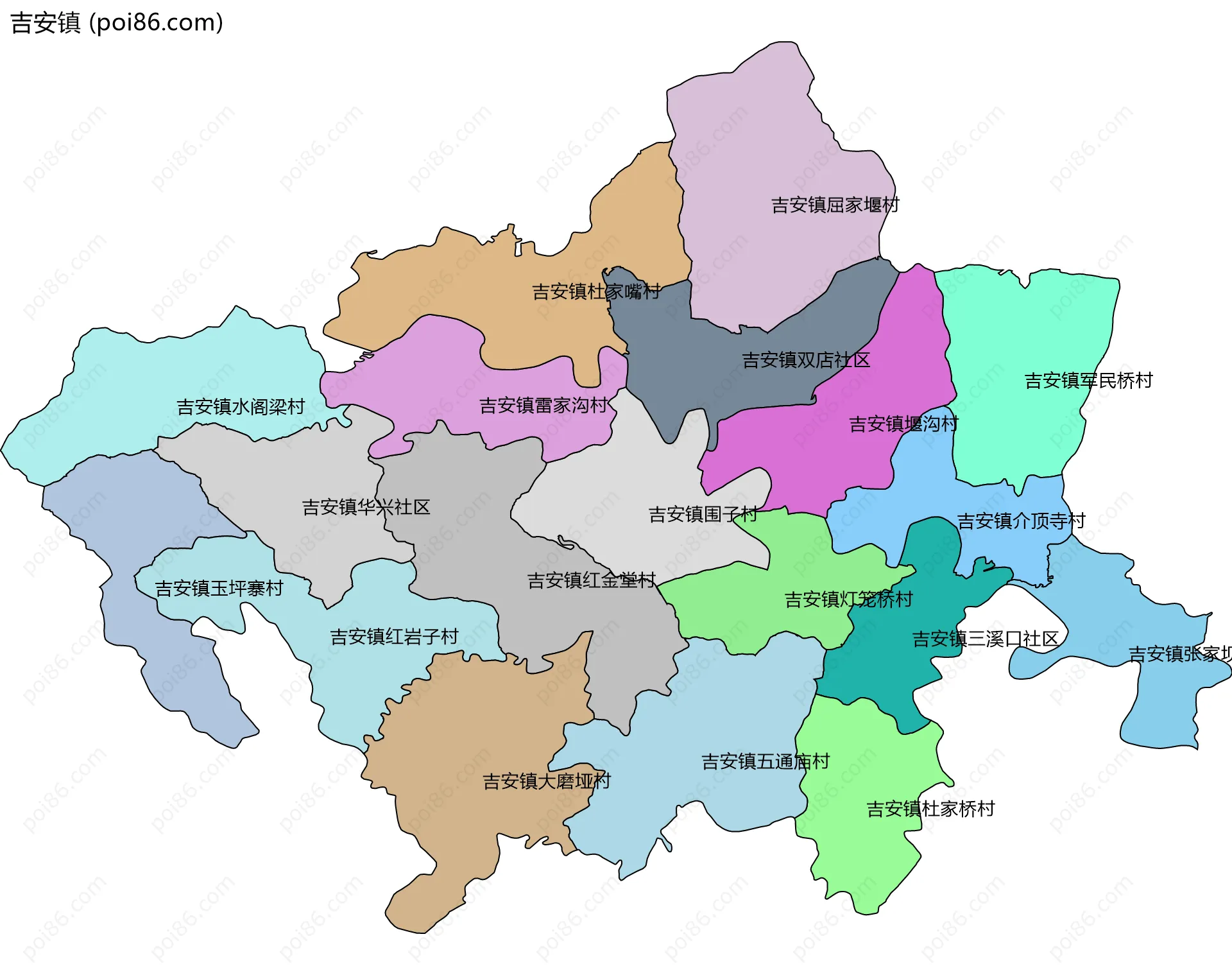 吉安镇边界地图(五级行政区划)
