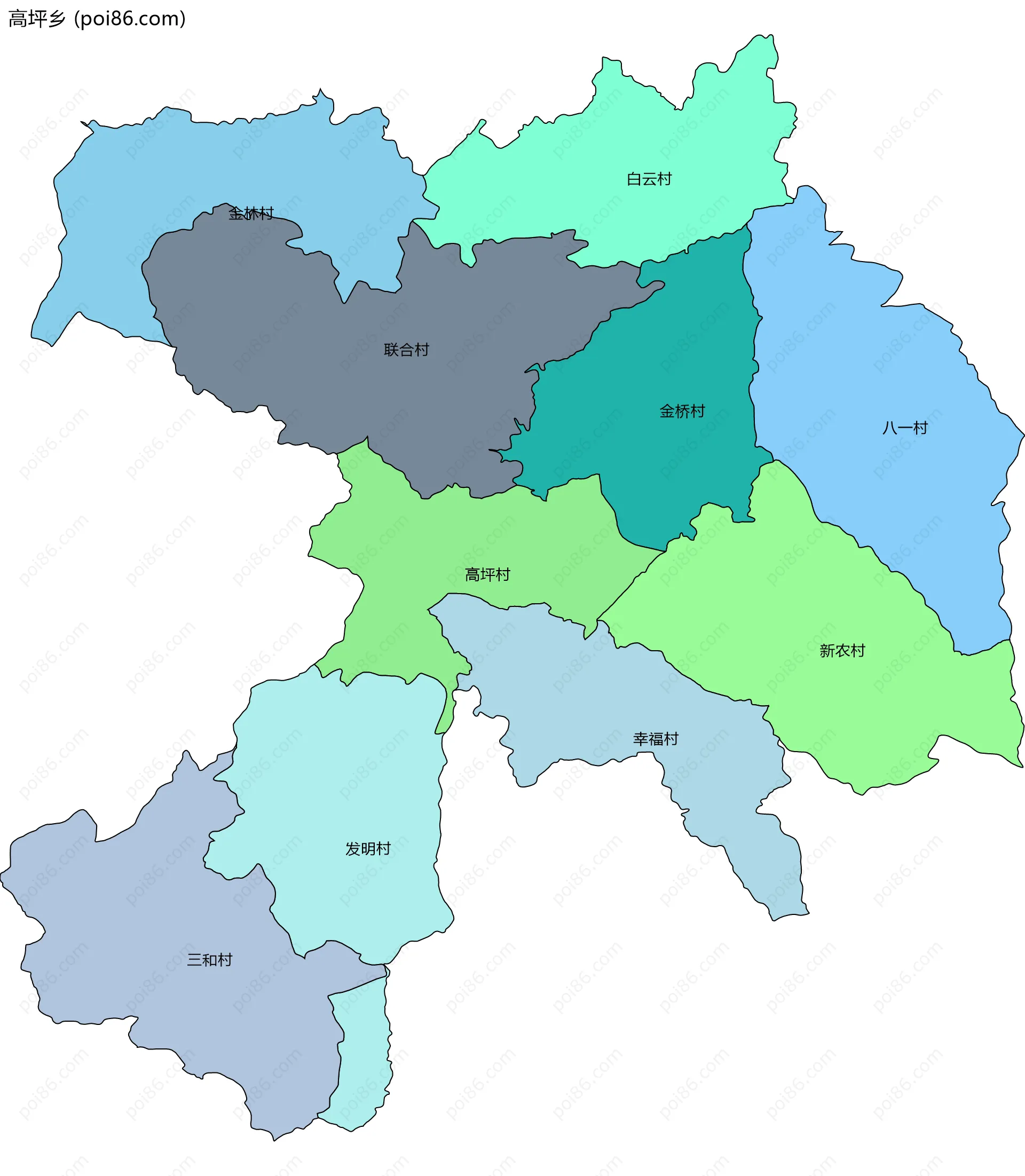 高坪乡边界地图(五级行政区划)