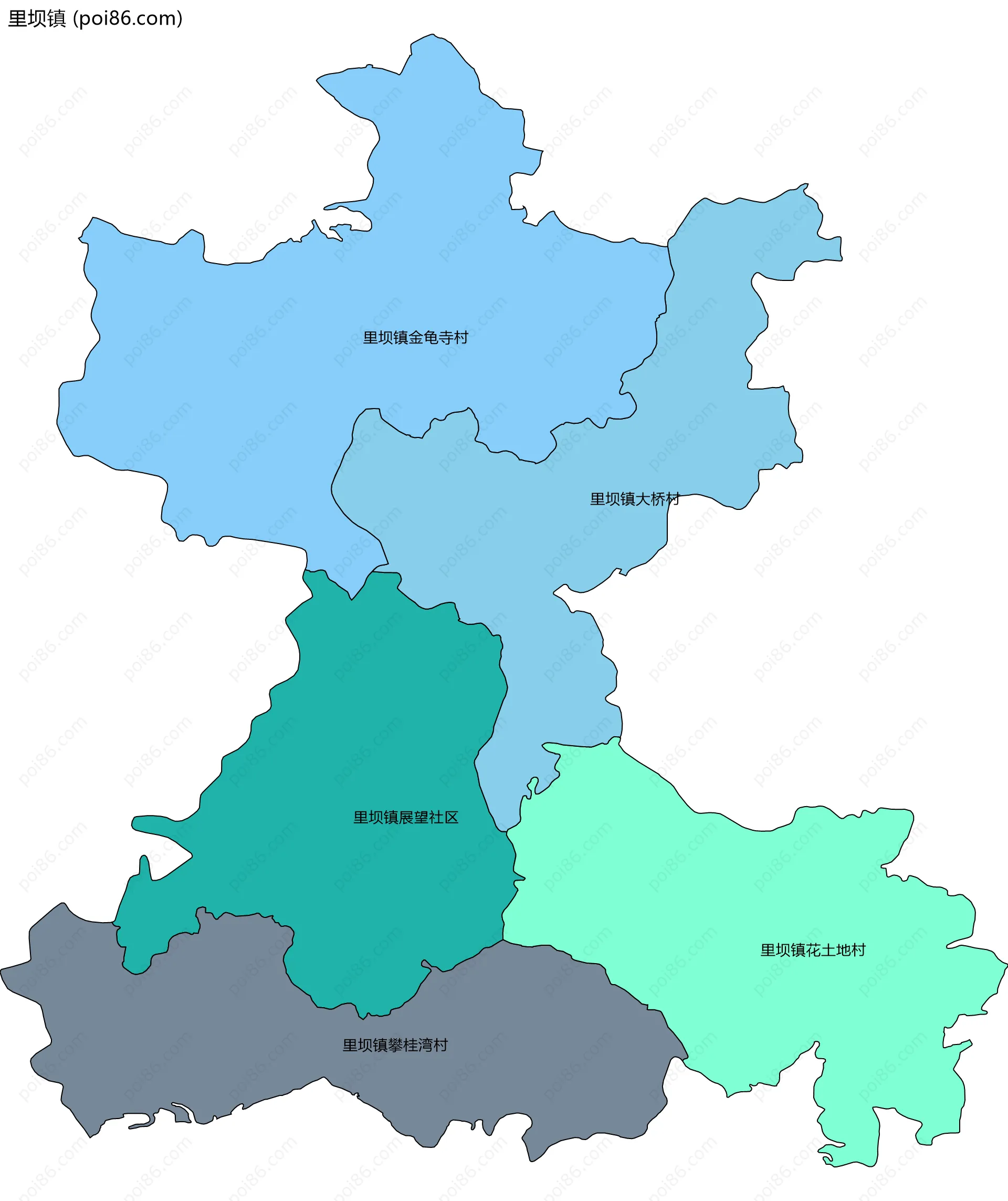 里坝镇边界地图(五级行政区划)