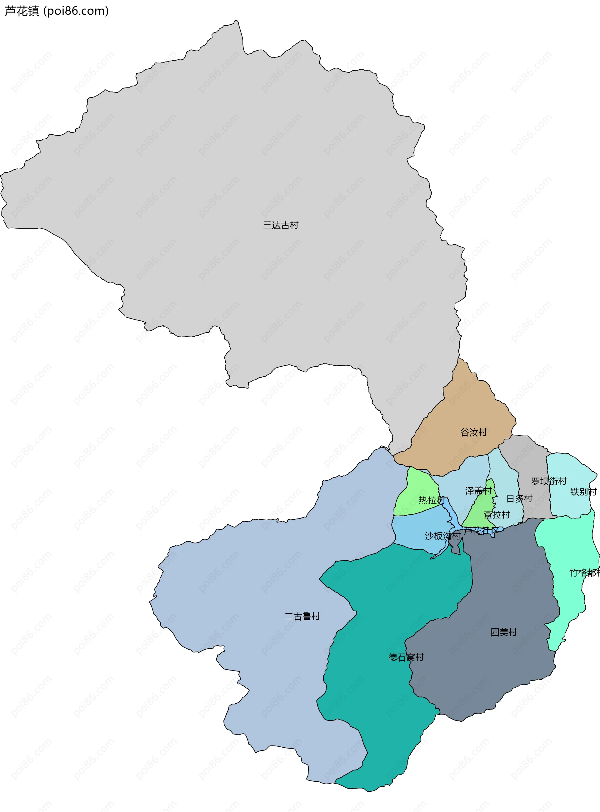 芦花镇边界地图(五级行政区划)