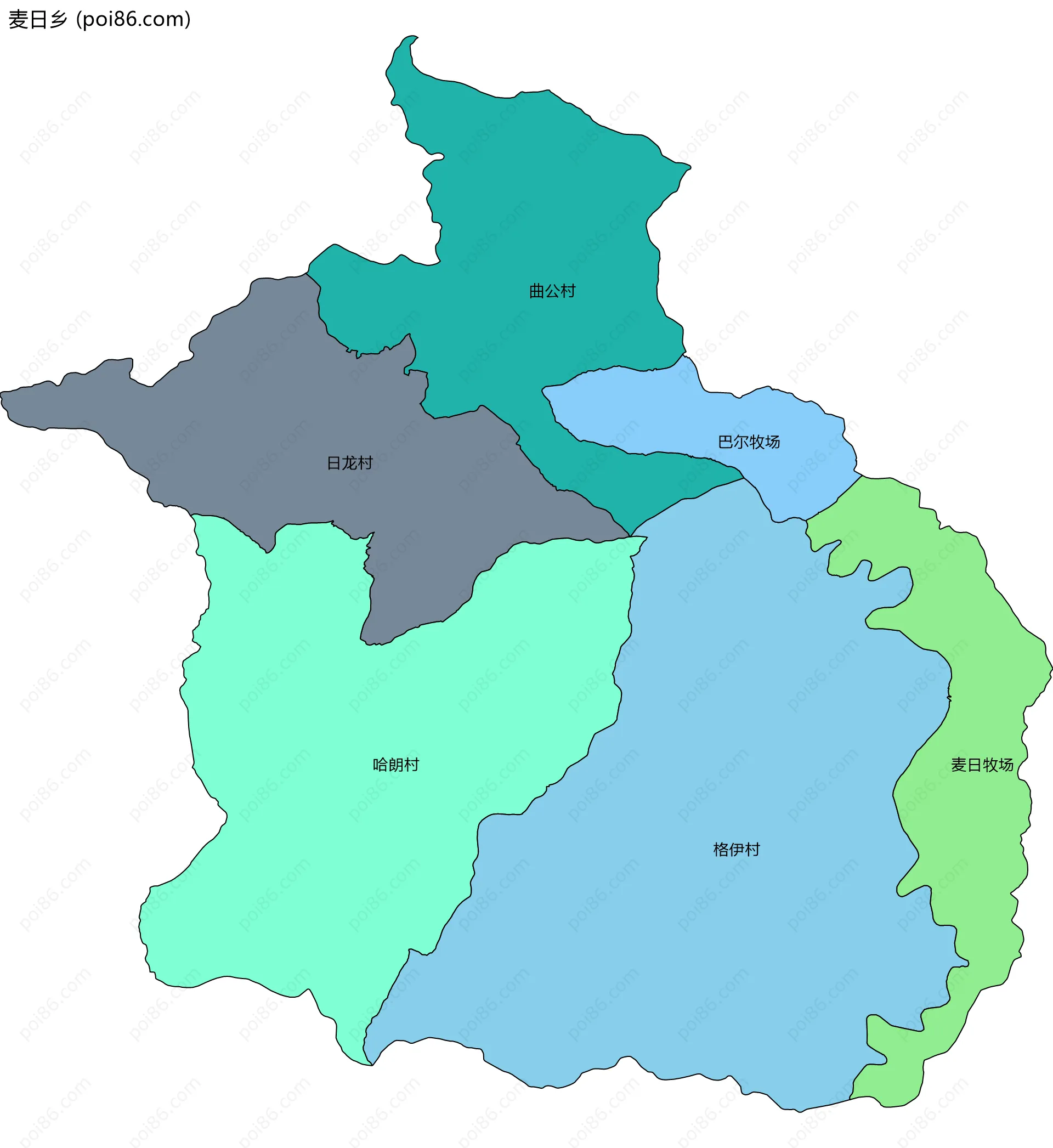 麦日乡边界地图(五级行政区划)